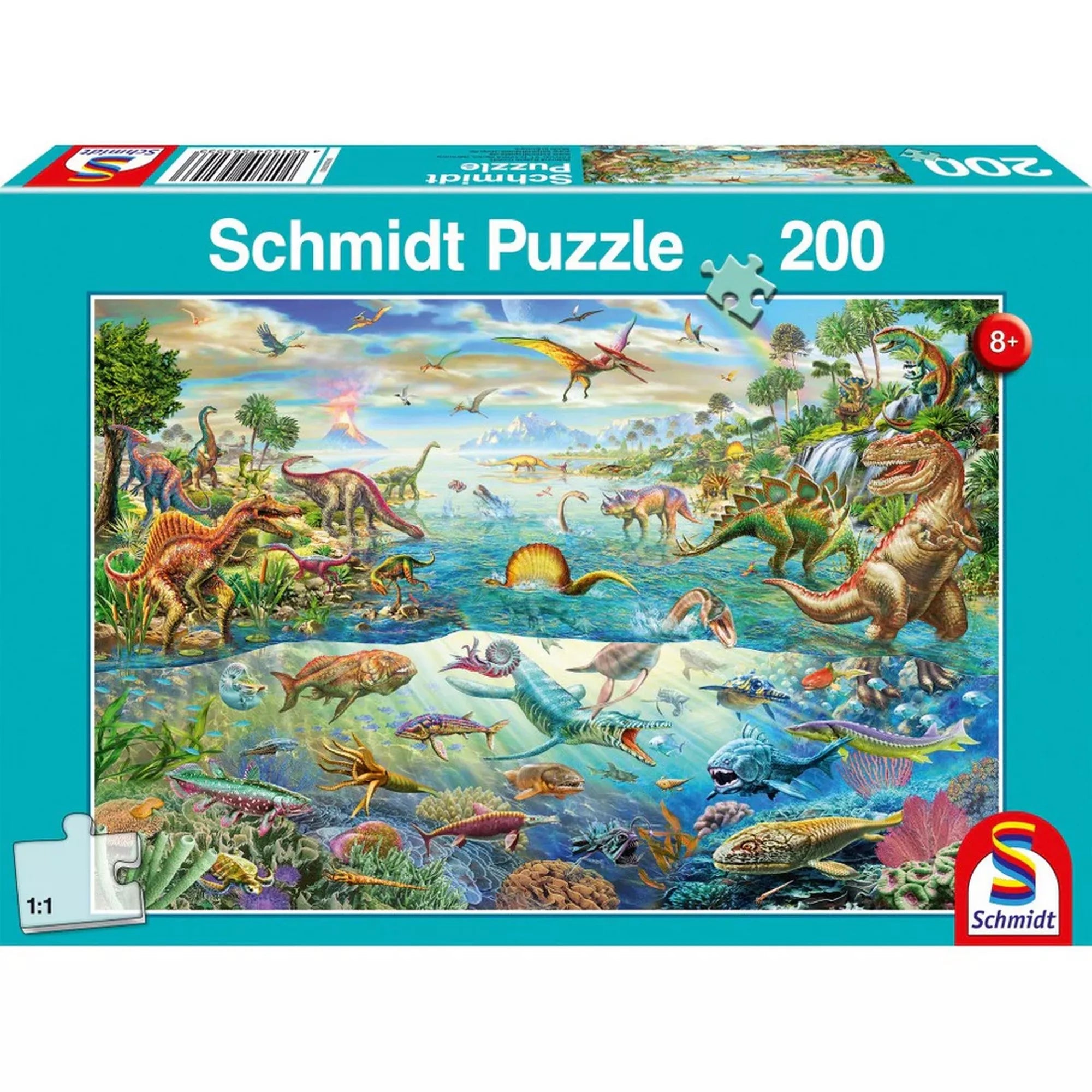 Schmidt Puzzle Fedezd fel a dinoszauruszokat dobozkép, 200 darabos gyermek puzzle, szárazföldi, vízi és repülő dinoszauruszokkal, színes és részletgazdag őslény illusztrációval.