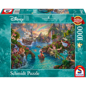 „Puzzle Schmidt: Thomas Kinkade – Disney – Peter Pan 1000 darabos puzzle doboza, Sohaország színes jelenetével és Peter Pan repülő alakjával.”
