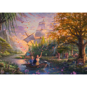 „Thomas Kinkade Pocahontas-illusztrációja: Pocahontas és John Smith csónakban a folyón, őszi tájjal és vitorláshajóval a háttérben.”
