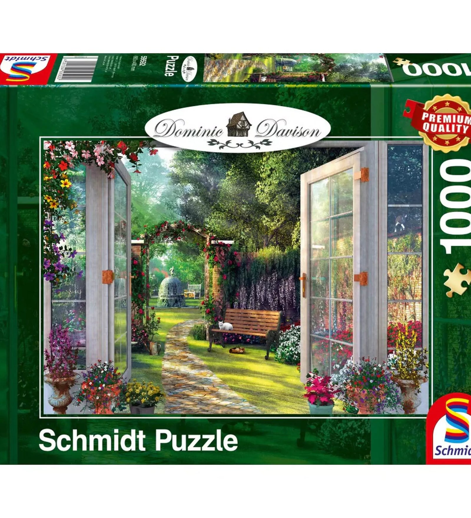 Puzzle Schmidt Dominic Davison A varázslatos kert látképe doboza, 1000 darabos prémium kirakó romantikus kerttel és árnyas ösvénnyel.