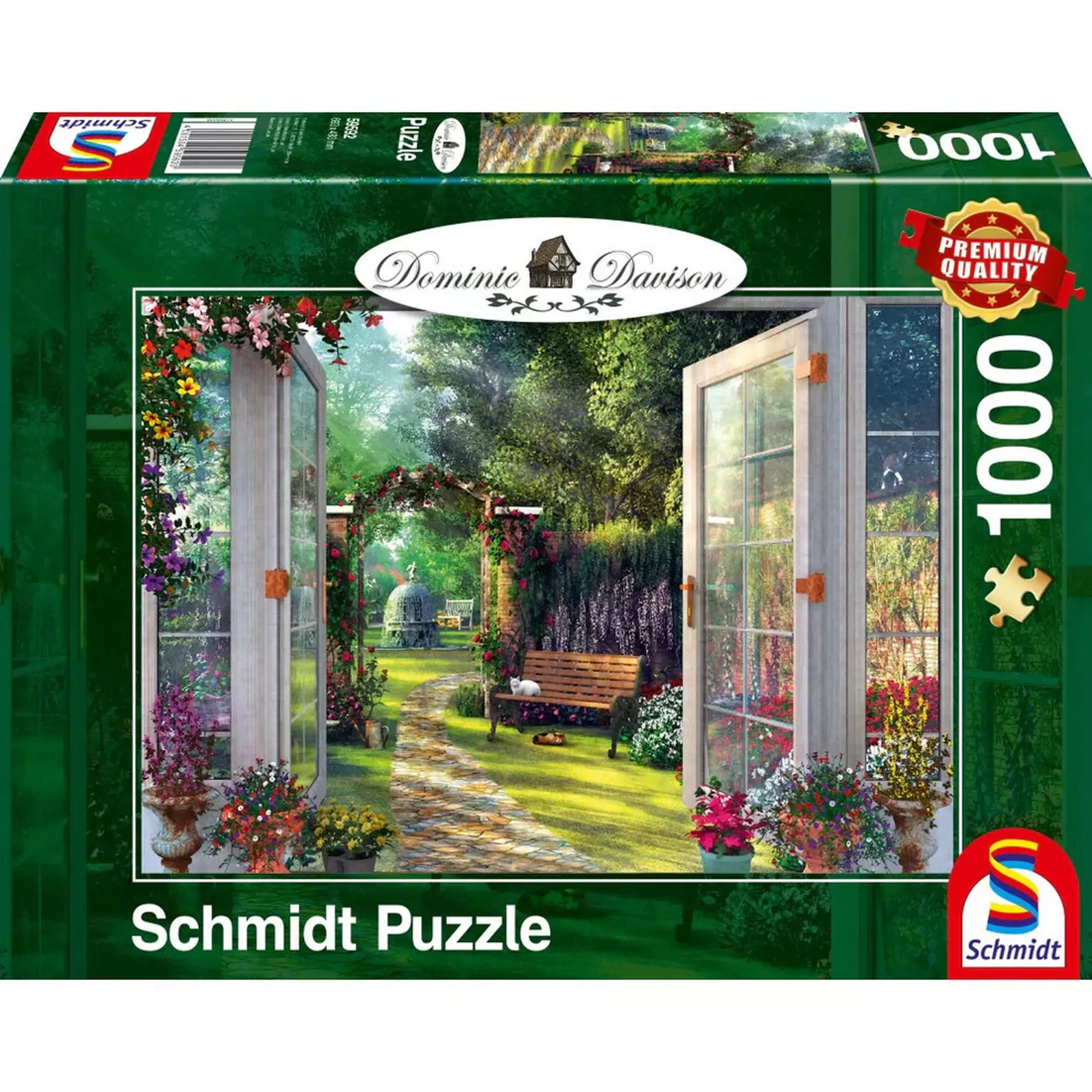 Puzzle Schmidt Dominic Davison A varázslatos kert látképe doboza, 1000 darabos prémium kirakó romantikus kerttel és árnyas ösvénnyel.
