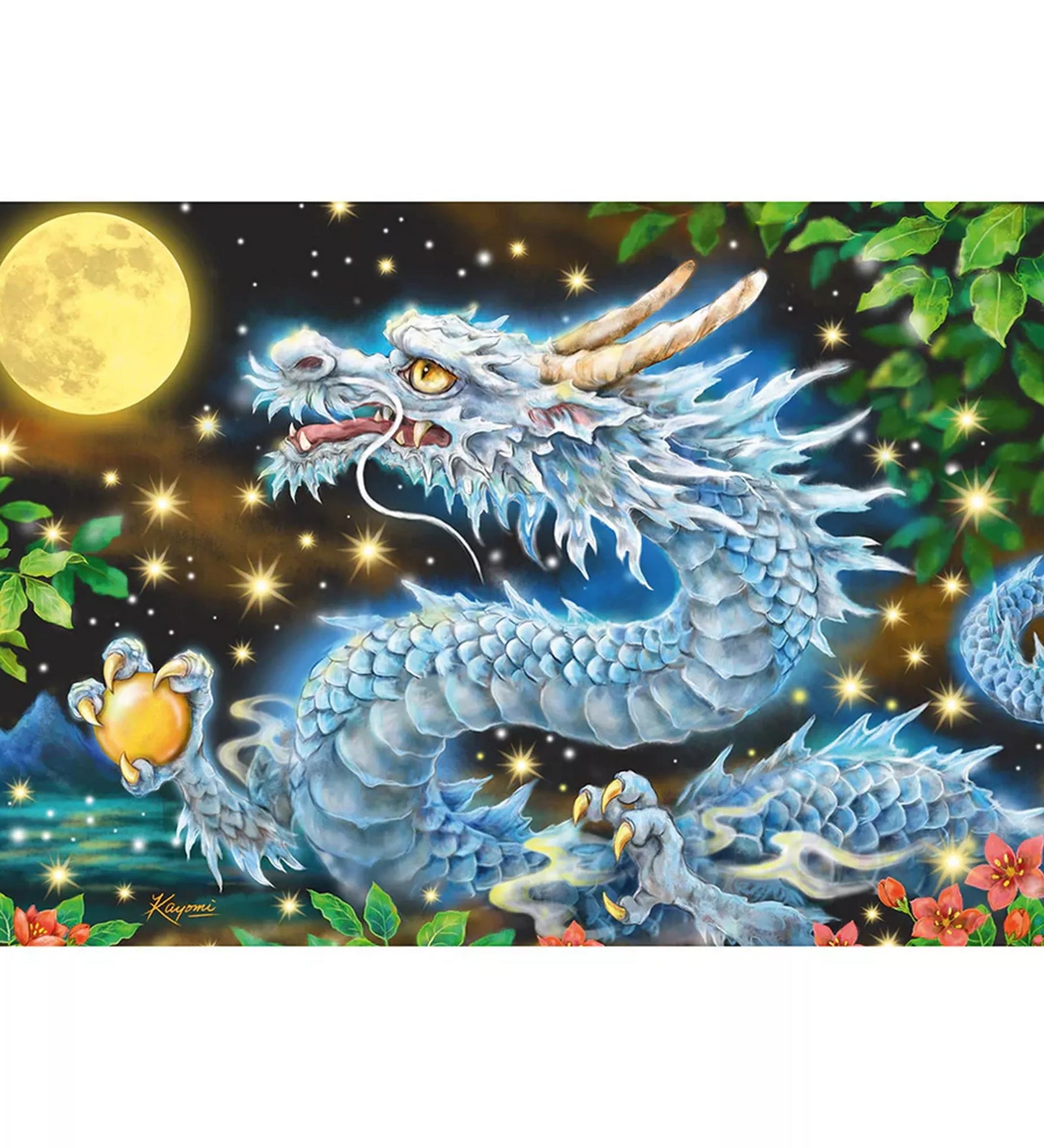 Dragon Adventure 200 darabos Schmidt puzzle illusztráció, részletgazdag kék sárkány ábrázolása holdfényben, csillagos égbolt és növényi motívumok, mesés és fantáziadús stílusban.