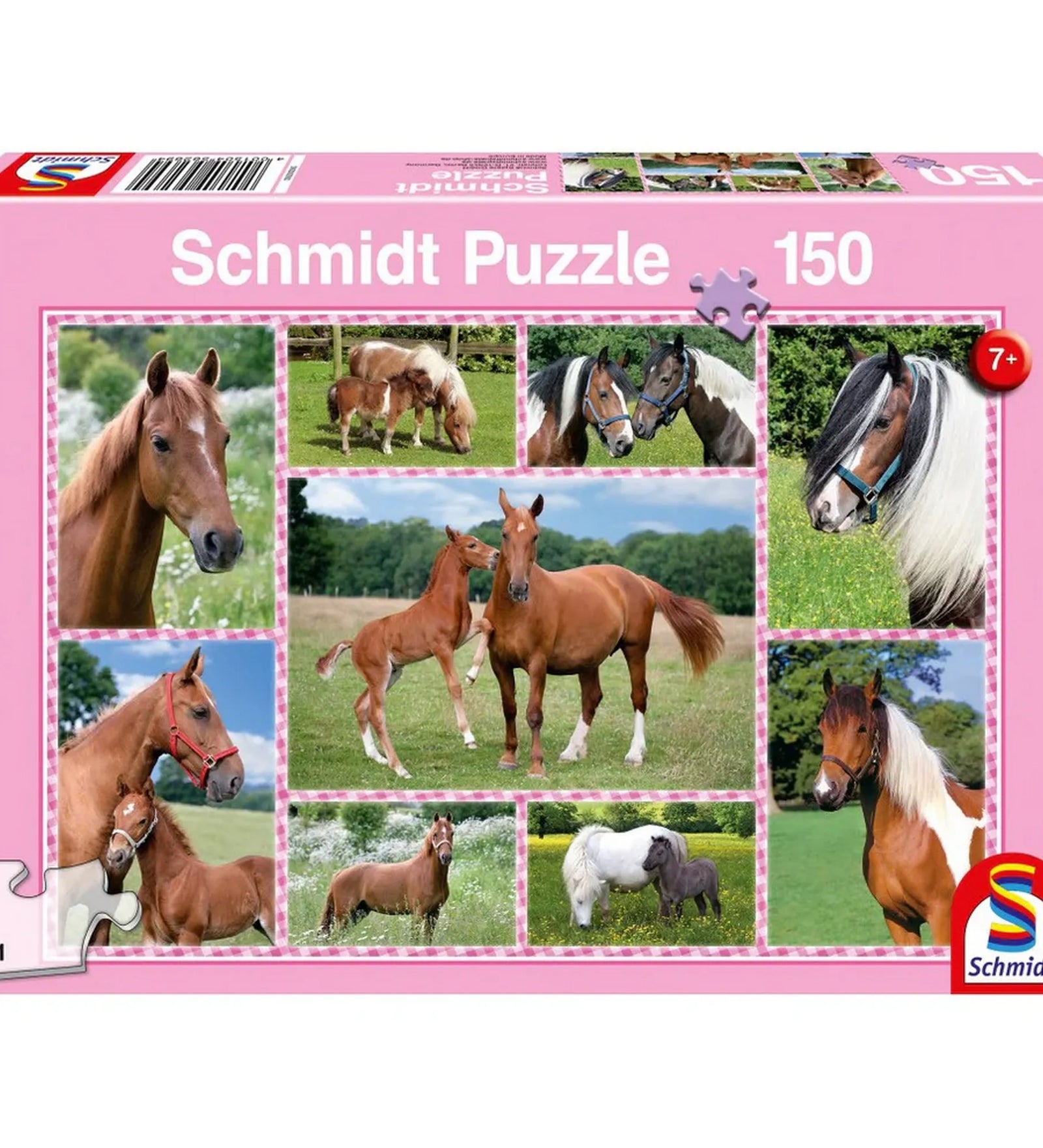 Schmidt Elbűvölő lovak puzzle doboza 150 darabbal, rózsaszín kerettel és lovas fotók kollázsával, 7 éves kortól ajánlva.