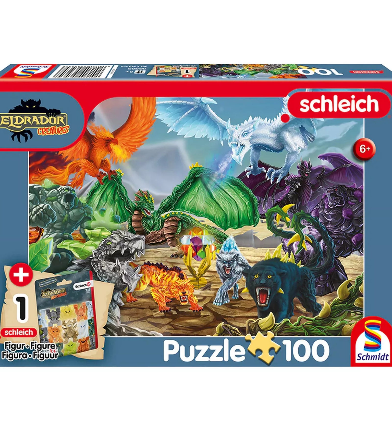 Schleich Eldrador Creatures 100 darabos puzzle doboza, harcoló fantasy lényekkel, tűz-, jég-, kő- és árnyvilági szörnyekkel, 6 éves kortól ajánlva