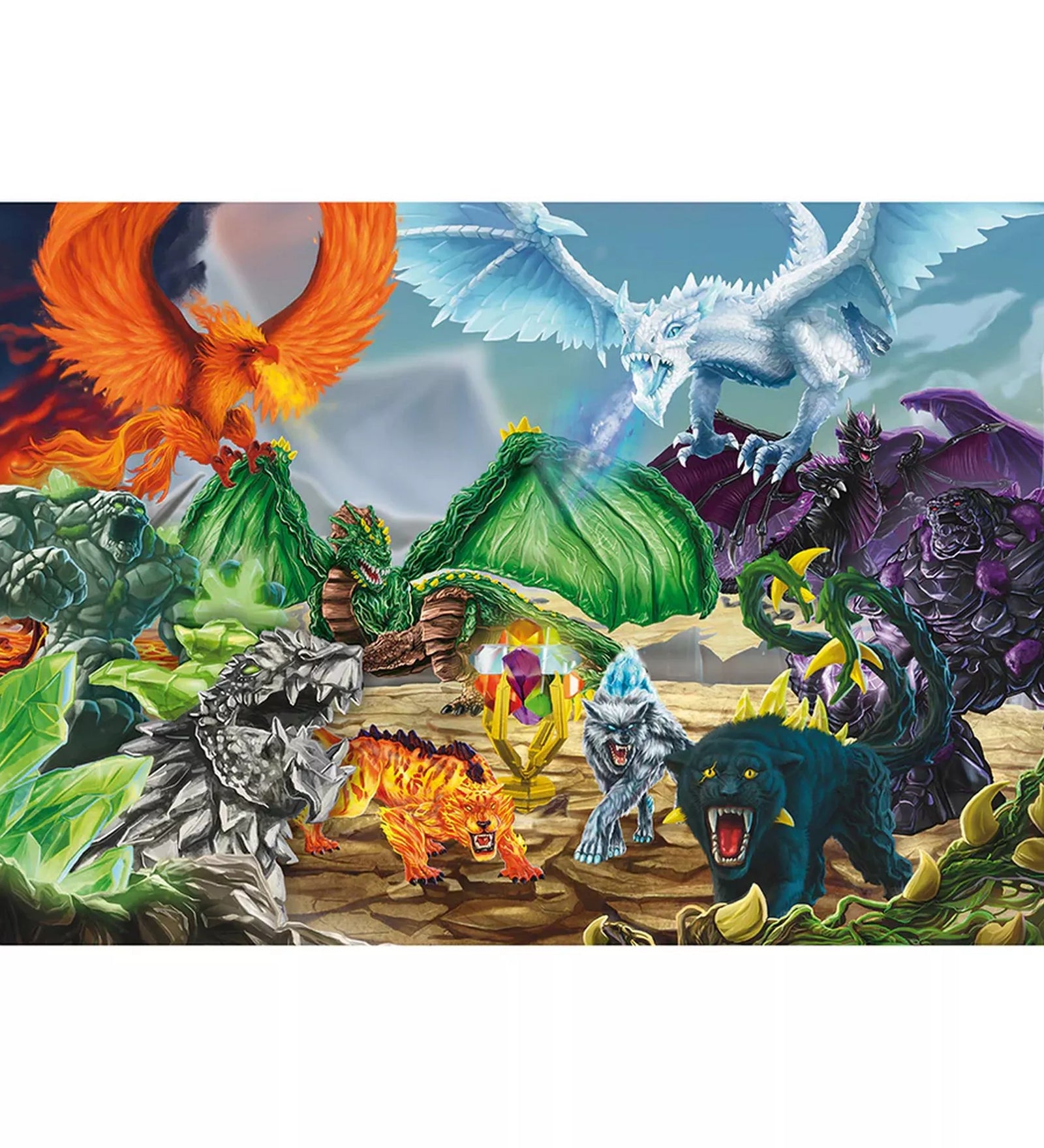 Schleich Eldrador Creatures 100 darabos puzzle kirakott képe, epikus csatajelenettel, sárkányokkal, szörnyekkel és varázskristállyal a középpontban