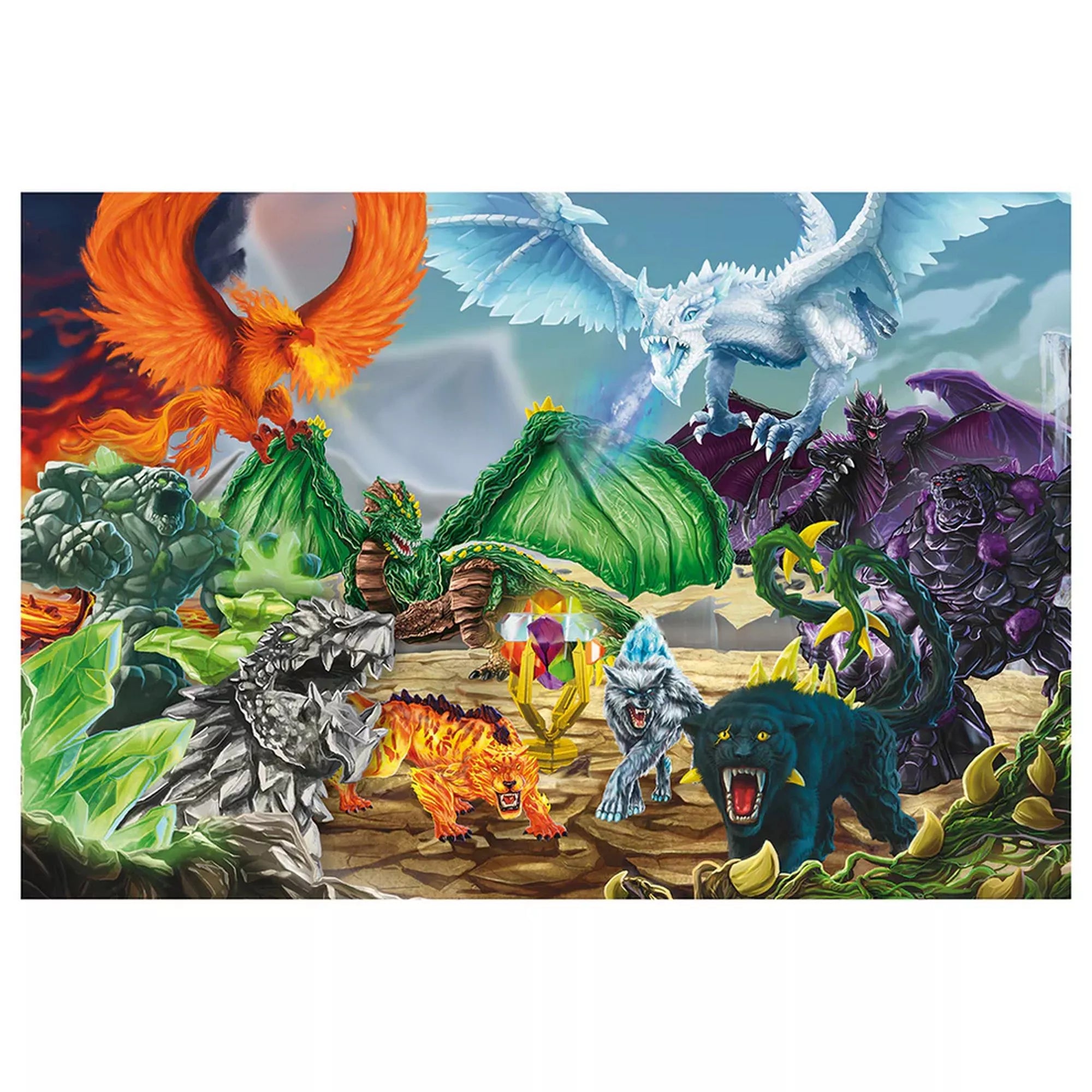 Schleich Eldrador Creatures 100 darabos puzzle kirakott képe, epikus csatajelenettel, sárkányokkal, szörnyekkel és varázskristállyal a középpontban