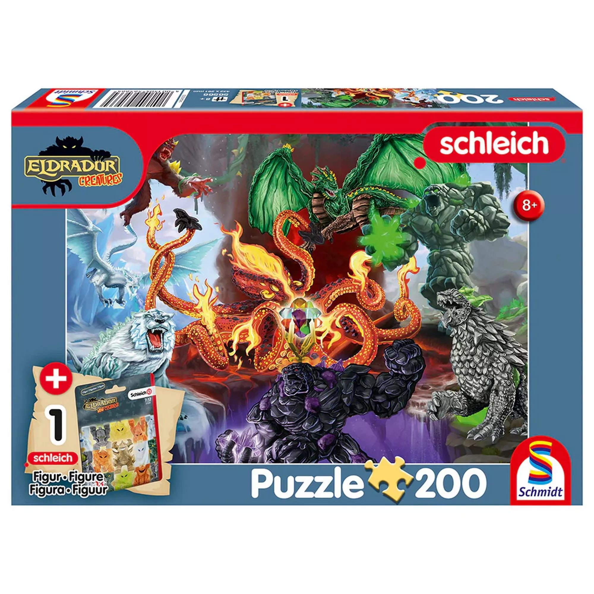 Schleich Eldrador Creatures 200 darabos puzzle doboza, gonosz fantasy lényekkel, tűz-, jég-, kő- és árnyvilági szörnyekkel, ajándék figurával