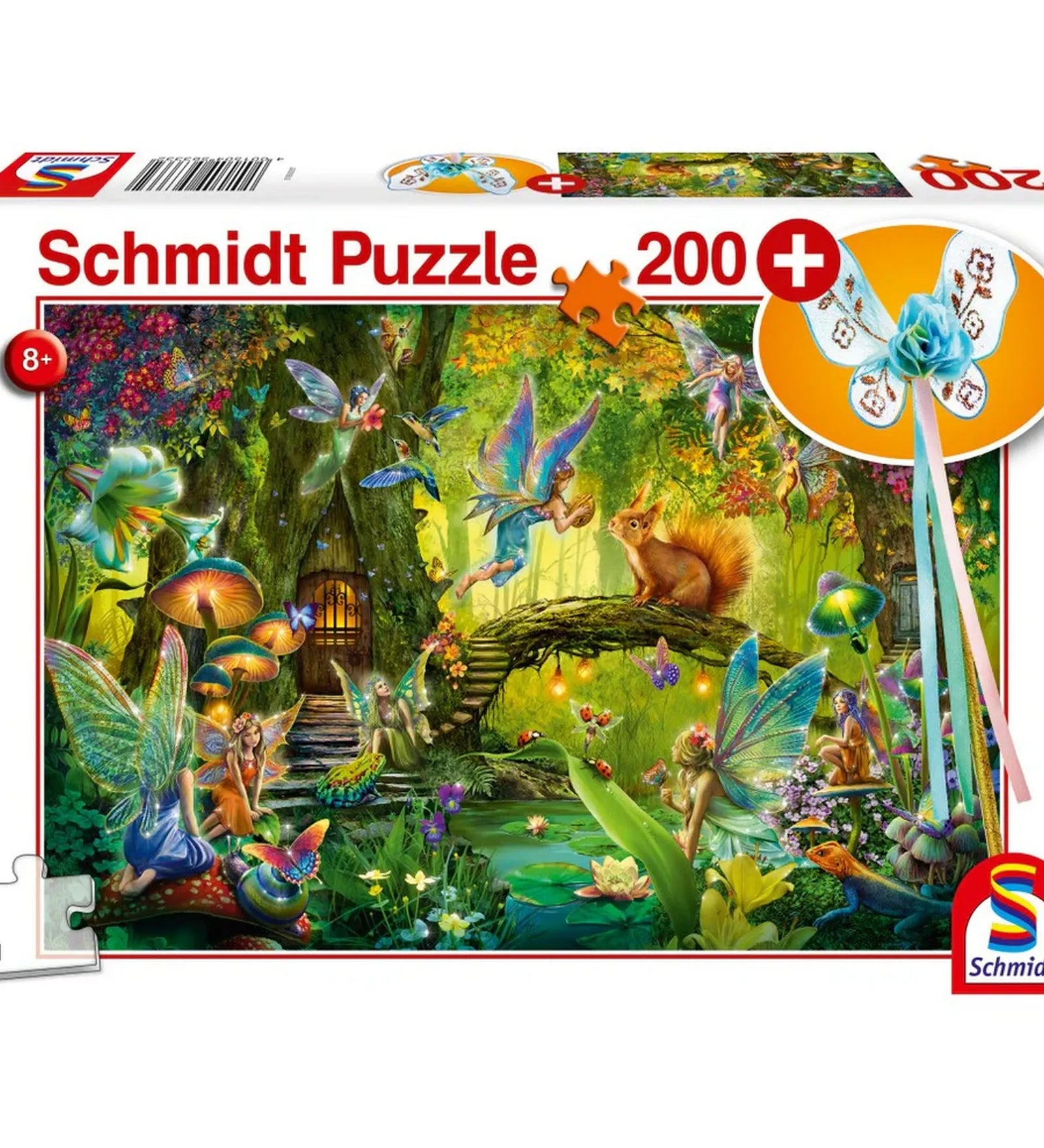 Schmidt Puzzle Fairies in the Forest dobozkép, 200 darabos gyermek puzzle ajándék varázspálcával, mesés erdei tündérek színes illusztrációjával, prémium Schmidt minőség.
