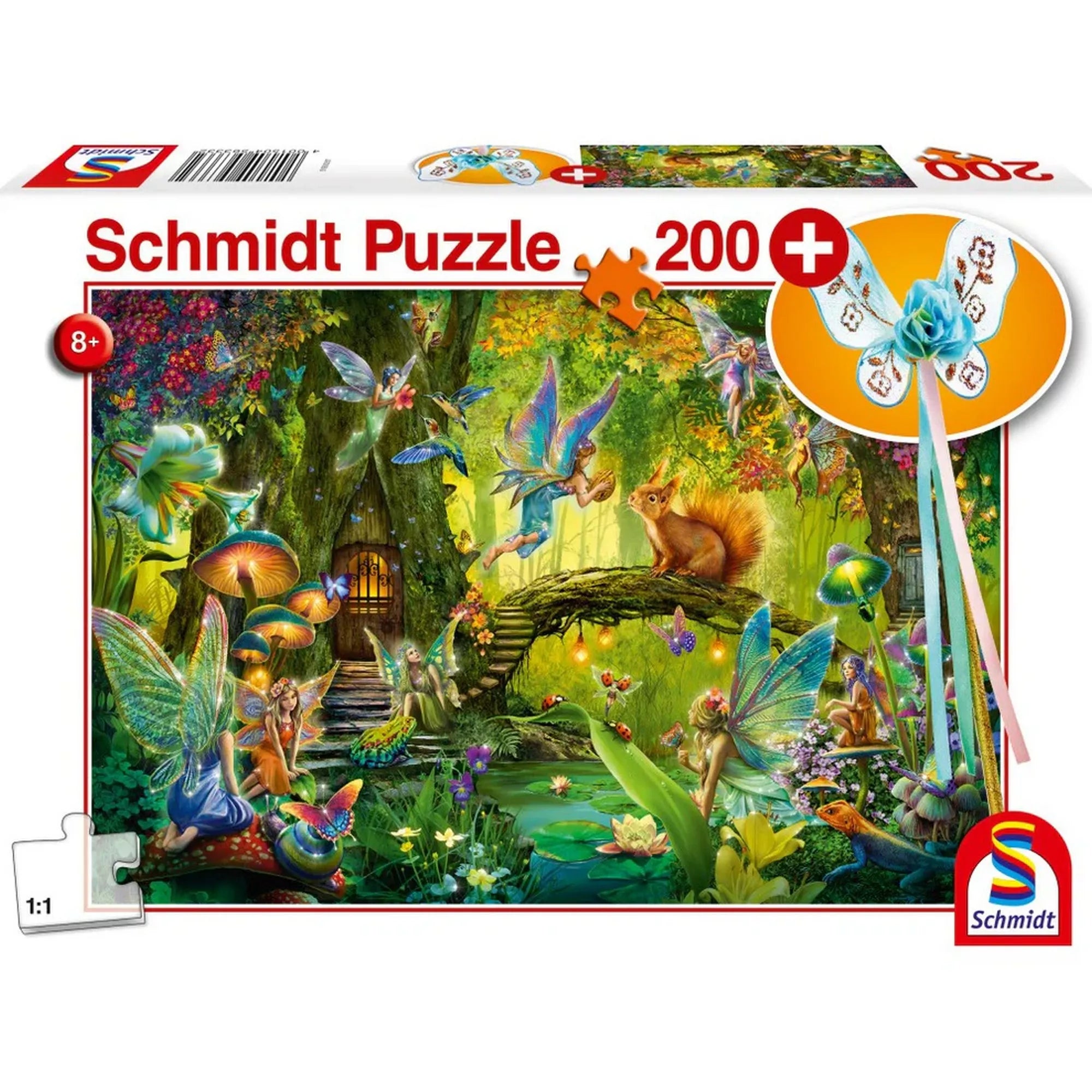 Schmidt Puzzle Fairies in the Forest dobozkép, 200 darabos gyermek puzzle ajándék varázspálcával, mesés erdei tündérek színes illusztrációjával, prémium Schmidt minőség.