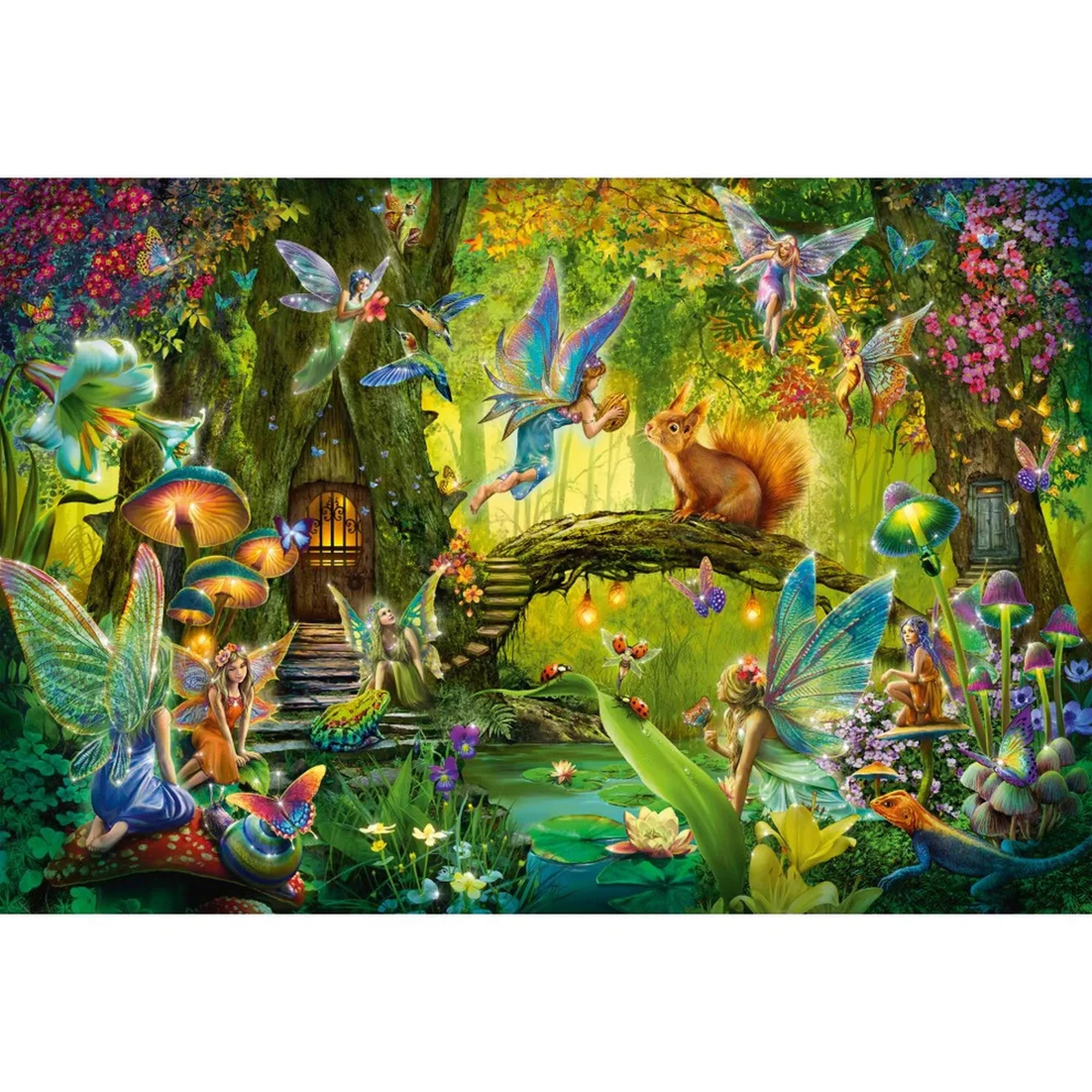 Fairies in the Forest 200 darabos Schmidt puzzle illusztráció, varázslatos erdei jelenet tündérekkel, állatokkal és növényekkel, élénk színekben, mesés hangulatú, részletgazdag ábrázolás.