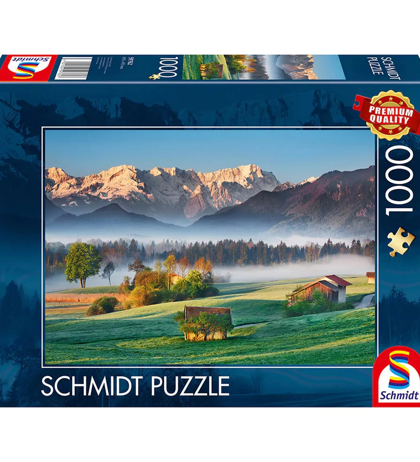 Puzzle Schmidt Festői táj, Garmisch Partenkirchen – 1000 darabos puzzle doboza alpesi házakkal és havas hegycsúcsokkal.
