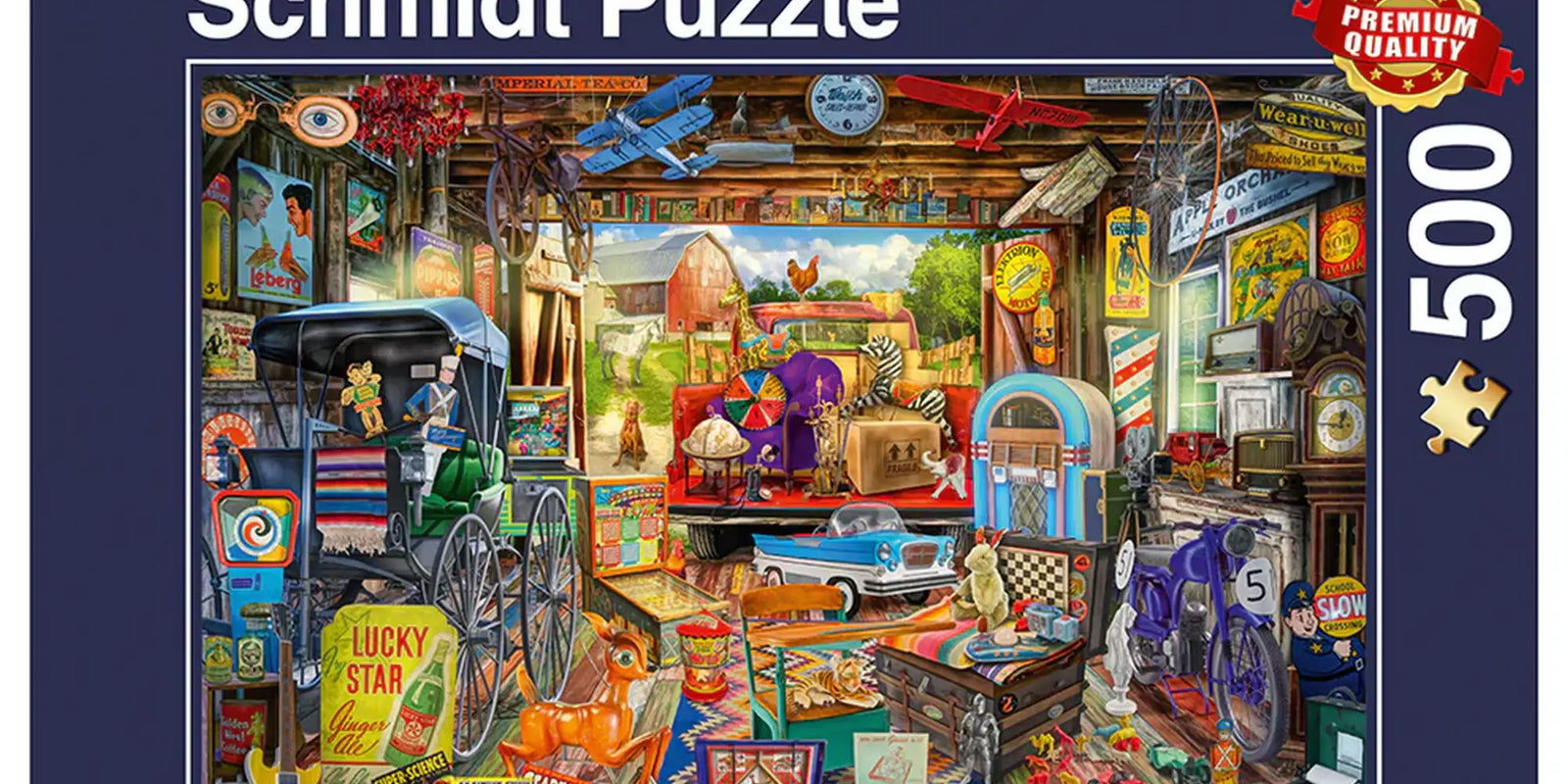 „Puzzle Schmidt, Garázsvásár, 500 darabos – a doboz képe színes, részletgazdag garázsvásár illusztrációval és prémium minőség megjelöléssel.”