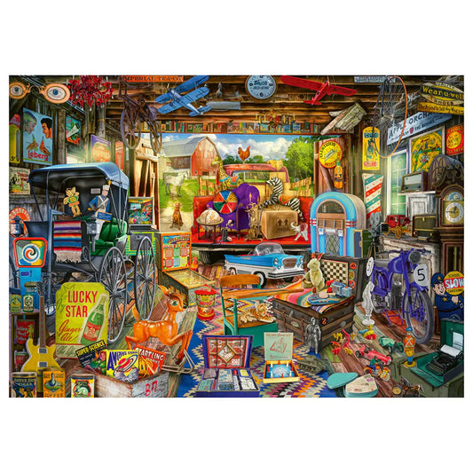 „Puzzle Schmidt, Garázsvásár, 500 darabos – a teljes kirakott kép nosztalgikus garázsvásár jelenettel, régi tárgyakkal és élénk színekkel.”