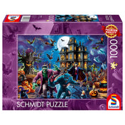 Schmidt Puzzle 1000 darabos puzzle doboza, kísértetkastéllyal, halloween hangulatú szörnyekkel, vámpírral, vérfarkassal és teliholdas éjszakai jelenettel
