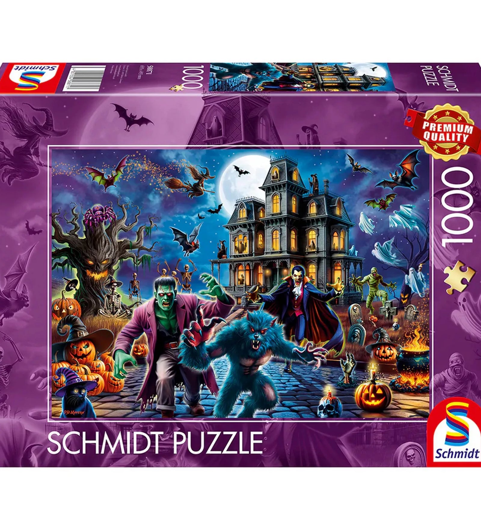 Schmidt Puzzle 1000 darabos puzzle doboza, kísértetkastéllyal, halloween hangulatú szörnyekkel, vámpírral, vérfarkassal és teliholdas éjszakai jelenettel