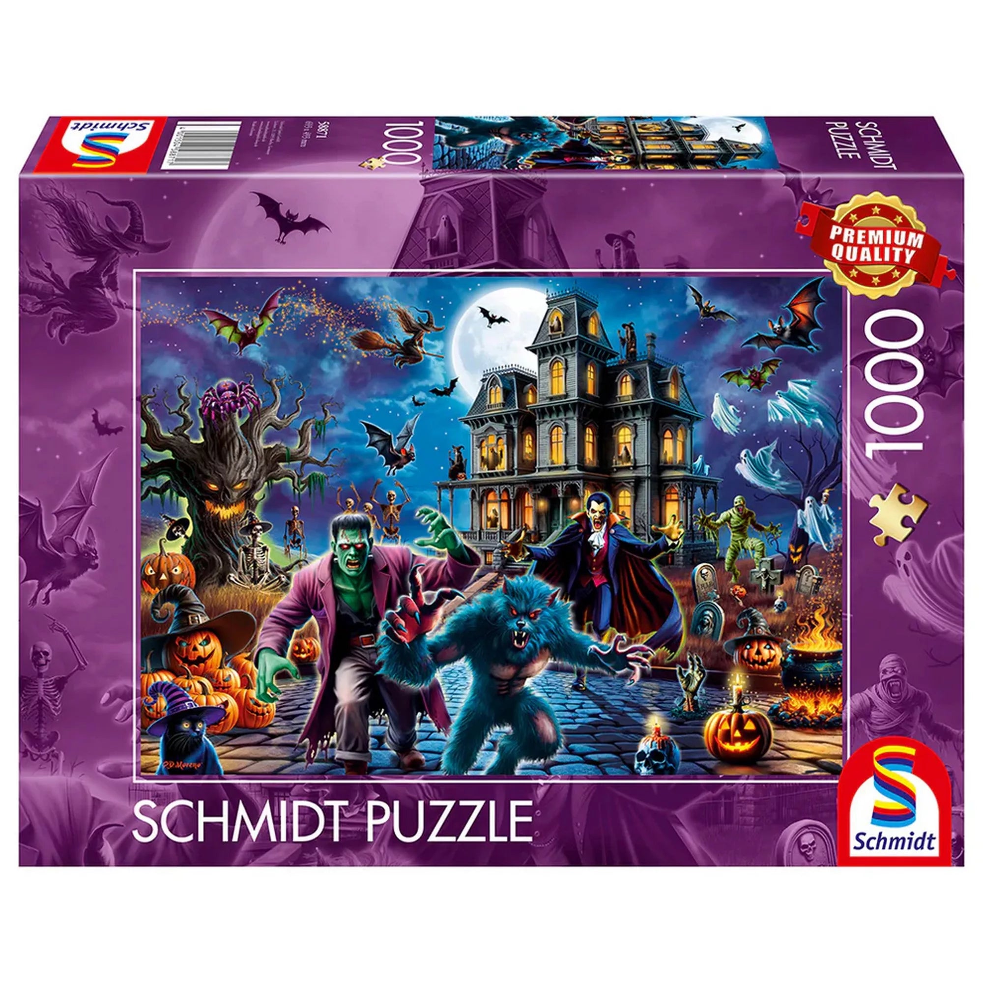 Schmidt Puzzle 1000 darabos puzzle doboza, kísértetkastéllyal, halloween hangulatú szörnyekkel, vámpírral, vérfarkassal és teliholdas éjszakai jelenettel