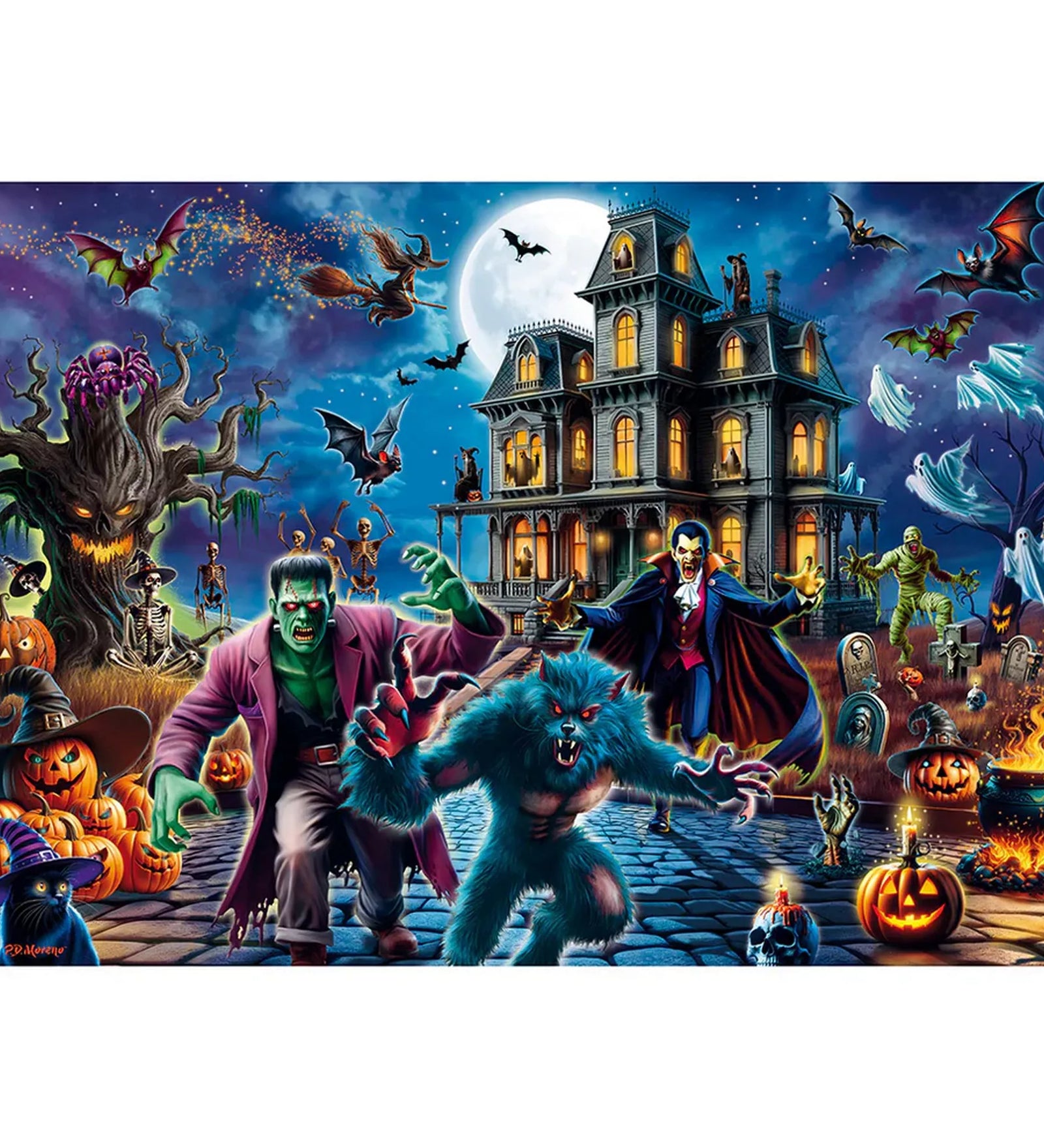 Schmidt Puzzle 1000 darabos puzzle kirakott képe, kísértetkastély előtt vonuló szörnyekkel, halloween tökökkel, denevérekkel és misztikus éjszakai atmoszférával
