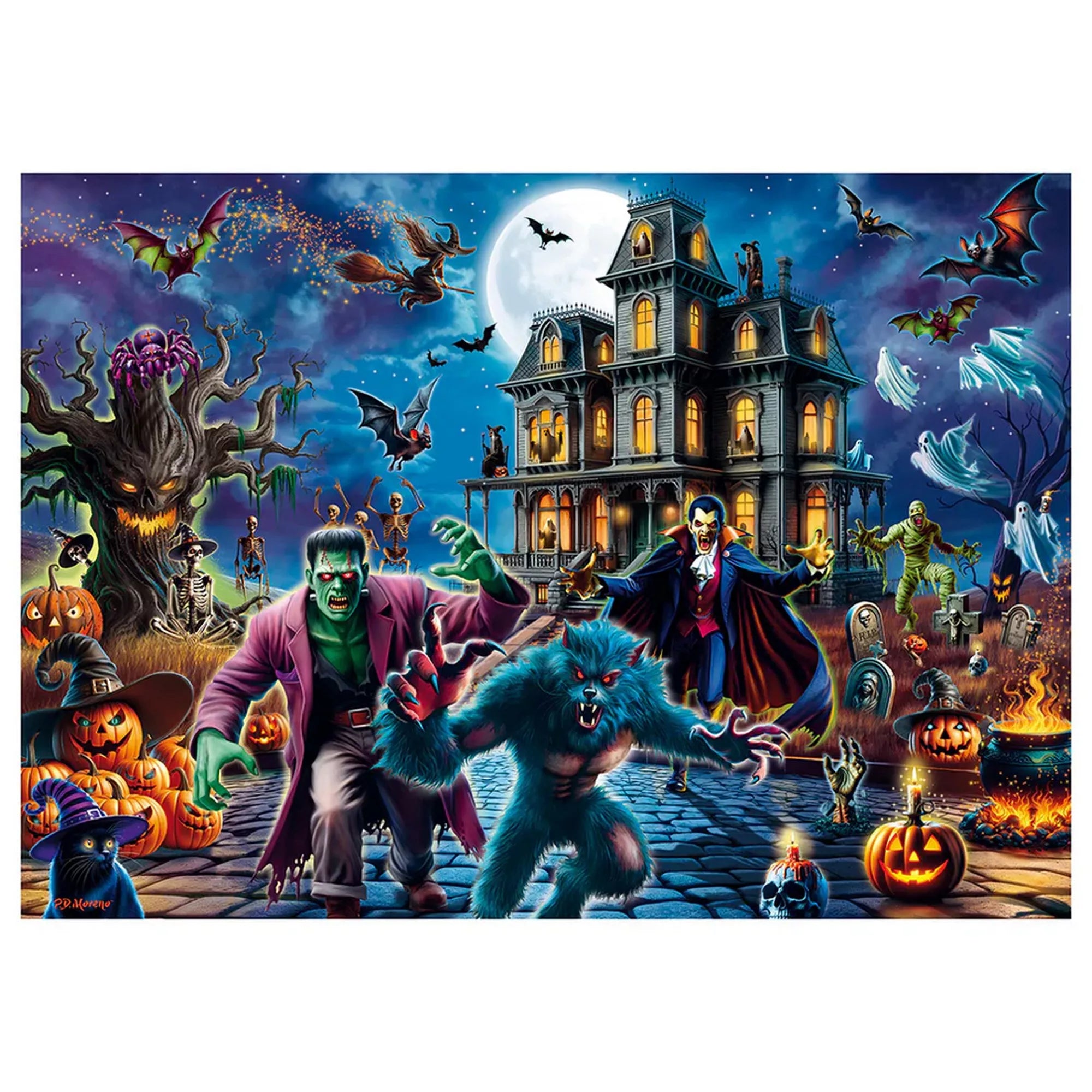 Schmidt Puzzle 1000 darabos puzzle kirakott képe, kísértetkastély előtt vonuló szörnyekkel, halloween tökökkel, denevérekkel és misztikus éjszakai atmoszférával