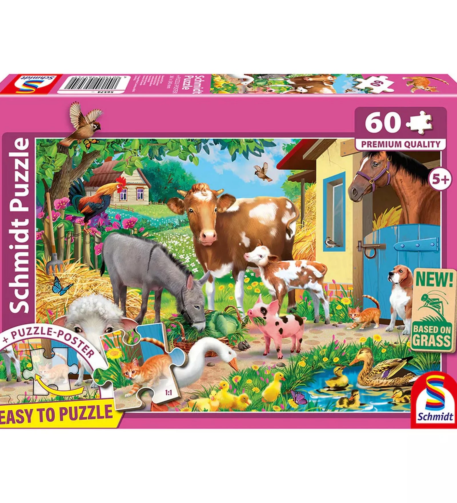 Schmidt Puzzle 60 darabos gyerek puzzle doboza, farm állataival, tehénnel, lóval, báránnyal, malaccal, kacsákkal és színes vidéki jelenettel