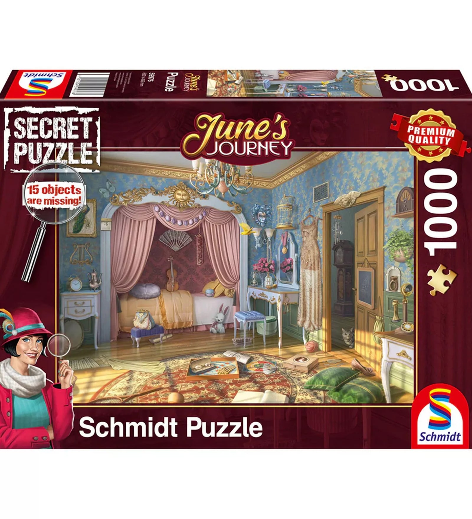 Schmidt Puzzle June’s Journey Hálószoba 1000 darabos prémium puzzle doboza, részletgazdag hálószoba jelenettel