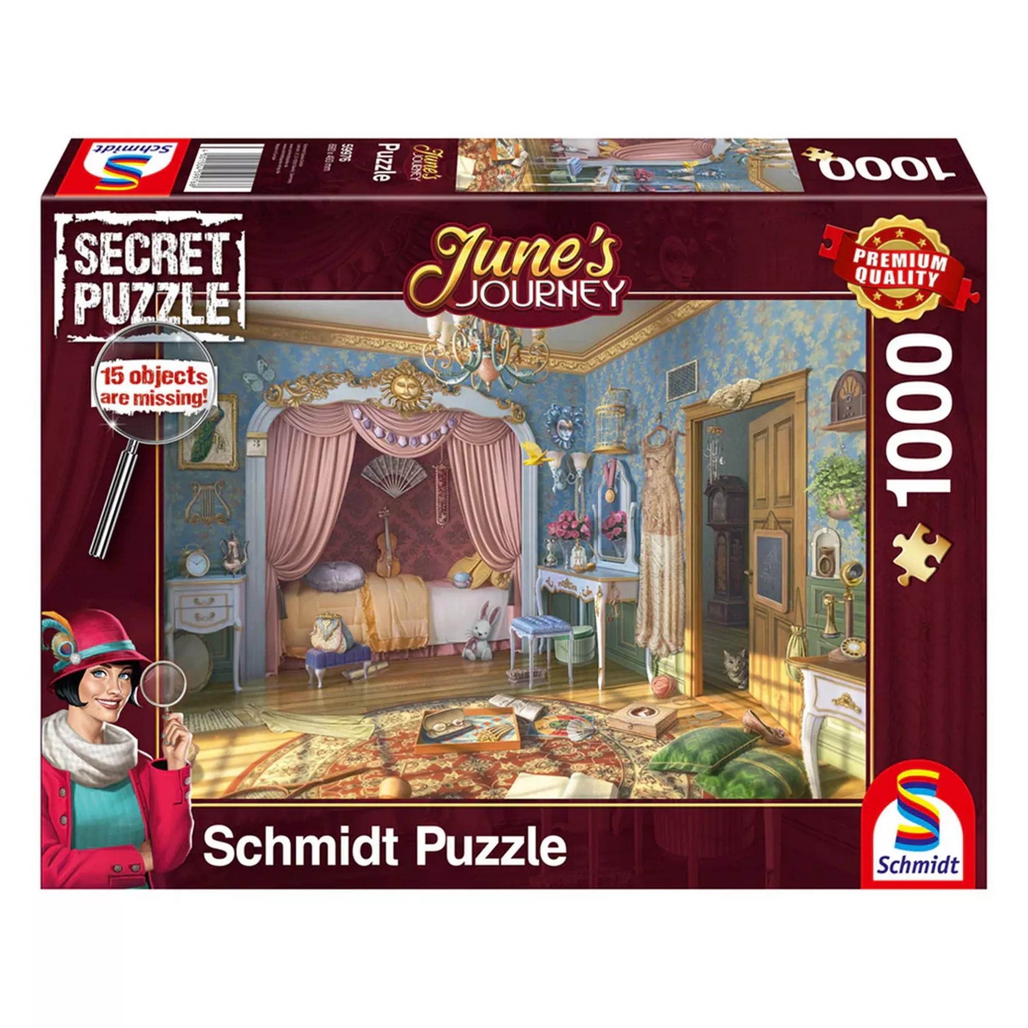 Schmidt Puzzle June’s Journey Hálószoba 1000 darabos prémium puzzle doboza, részletgazdag hálószoba jelenettel