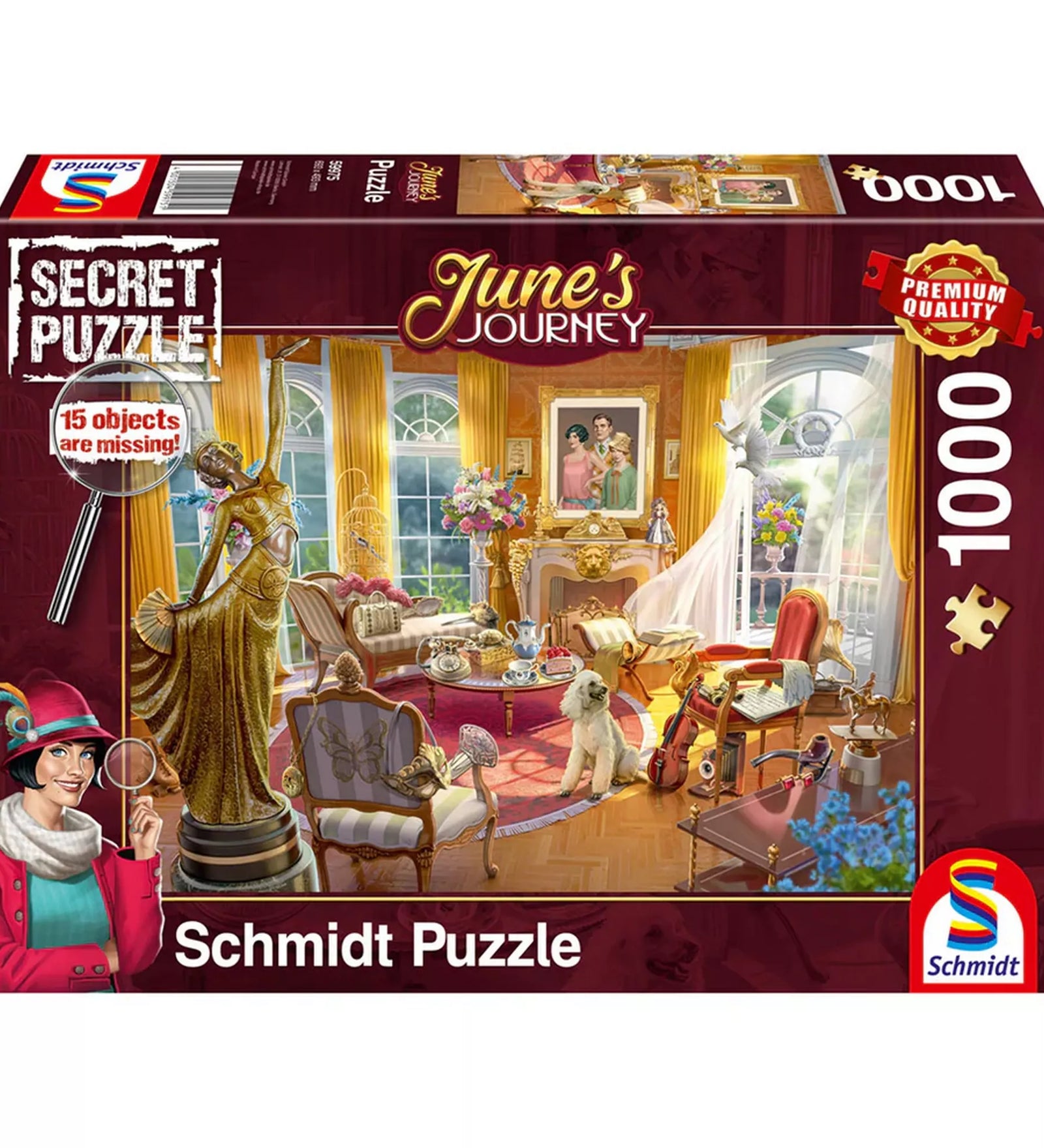 Schmidt Puzzle June’s Journey Az Orchidea Birtok Szalonja 1000 darabos puzzle dobozképe, elegáns kastélyszalon jelenettel és rejtett tárgyakkal.