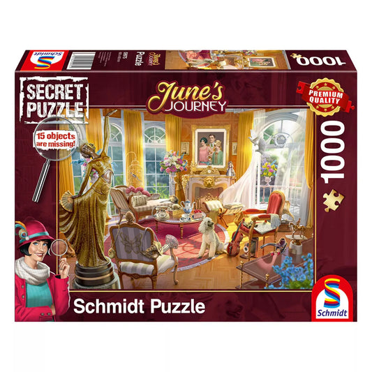 Schmidt Puzzle June’s Journey Az Orchidea Birtok Szalonja 1000 darabos puzzle dobozképe, elegáns kastélyszalon jelenettel és rejtett tárgyakkal.