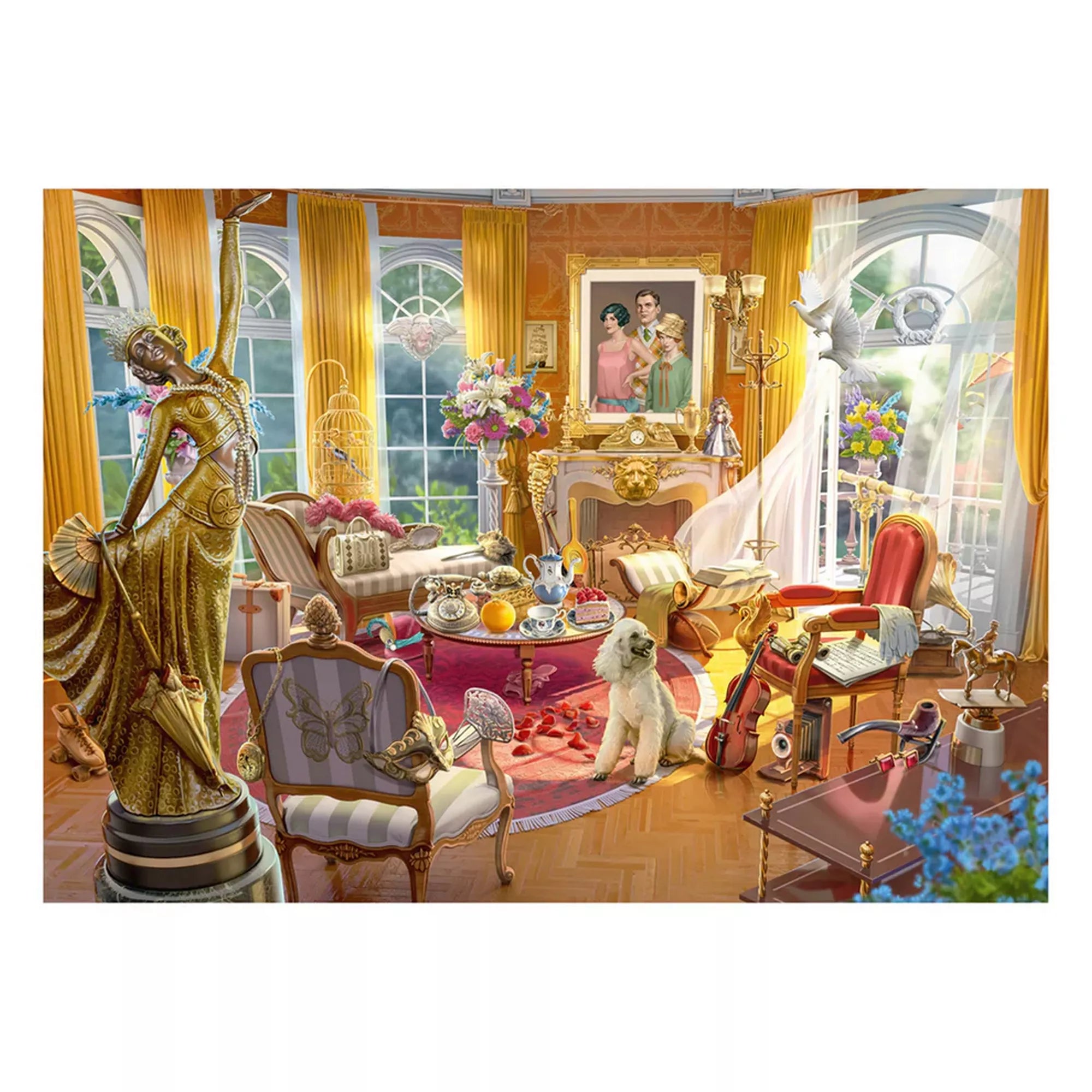 Schmidt Puzzle June’s Journey Az Orchidea Birtok Szalonja kész kirakó részletgazdag kastélyszalon belső térrel, fehér uszkár kutyával és rejtett objektumokkal.