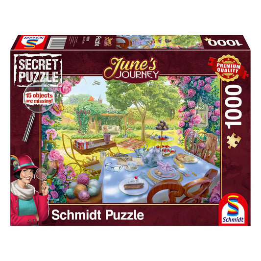 Puzzle June’s Journey Tea in the Garden 1000 darabos prémium puzzle doboza, romantikus kerti teadélután jelenetével