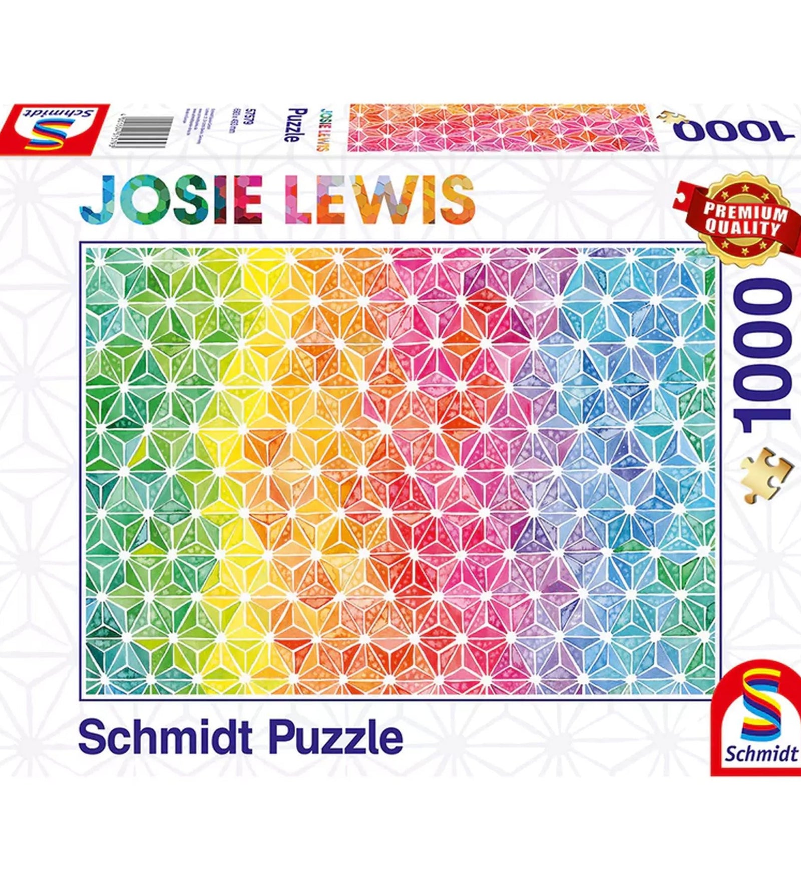 A Schmidt Puzzle – Josie Lewis: Színes háromszögek. 1000 darabos kirakó doboza, amelyen a szivárvány színeiben pompázó geometriai háromszöges minta látható.
