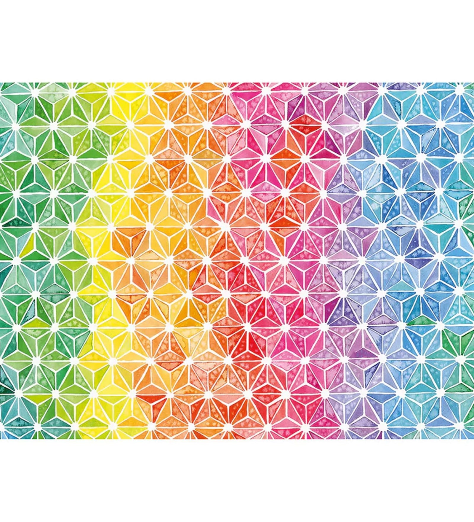A Schmidt Puzzle – Josie Lewis: Színes háromszögek. 1000 darabos kirakó teljes képe, amely geometrikus háromszögmintákból álló színátmenetes mintázatot ábrázol a zöldtől a kékig és a pirosig.