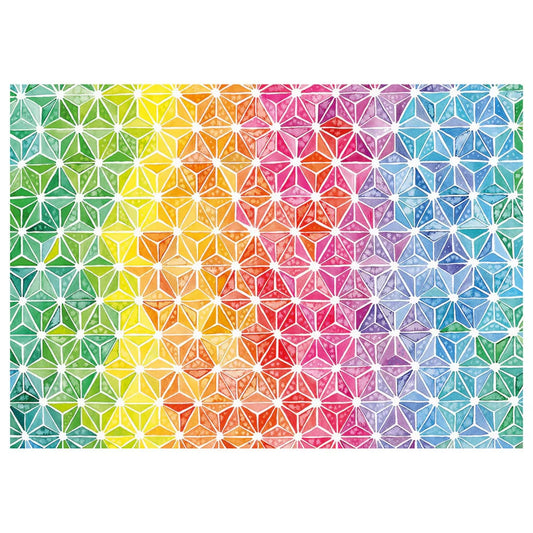 A Schmidt Puzzle – Josie Lewis: Színes háromszögek. 1000 darabos kirakó teljes képe, amely geometrikus háromszögmintákból álló színátmenetes mintázatot ábrázol a zöldtől a kékig és a pirosig.