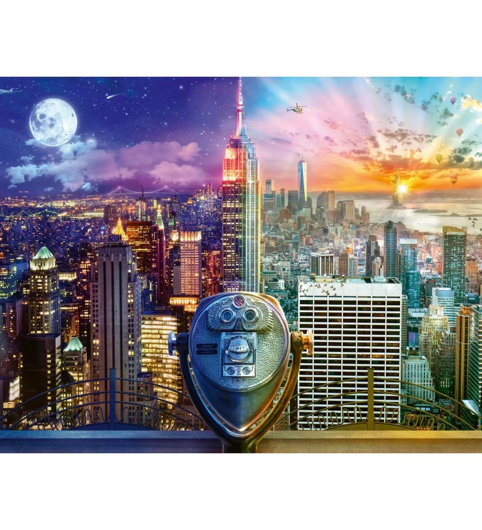 Puzzle Schmidt Lars Stewart, Night and Day: New York – lenyűgöző panorámakép a New York-i felhőkarcolókról, ahol a naplemente és az éjszakai égbolt találkozik, a város ikonikus látképével és egy távcsővel az előtérben.