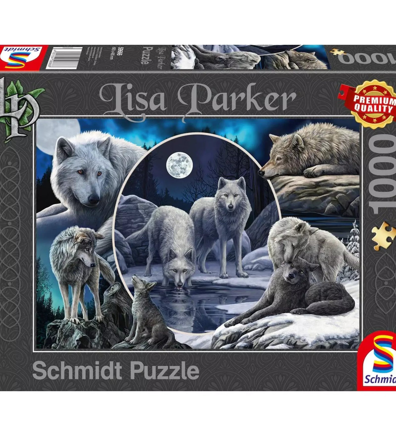 Schmidt Puzzle Lisa Parker: A csodálatos farkasok – 1000 darabos puzzle doboza, amelyen a művész varázslatos farkasábrázolása látható.