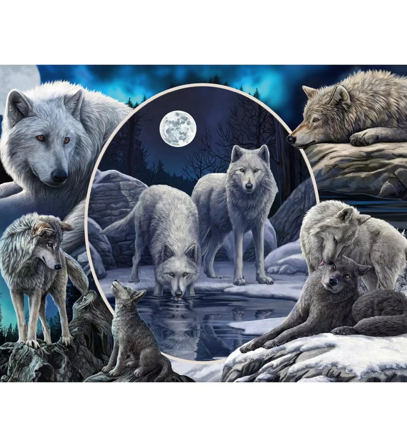 Schmidt Puzzle Lisa Parker: A csodálatos farkasok – 1000 darabos puzzle illusztrációja, melyen különböző farkasok jelennek meg a holdfényben, erdei és havas környezetben.