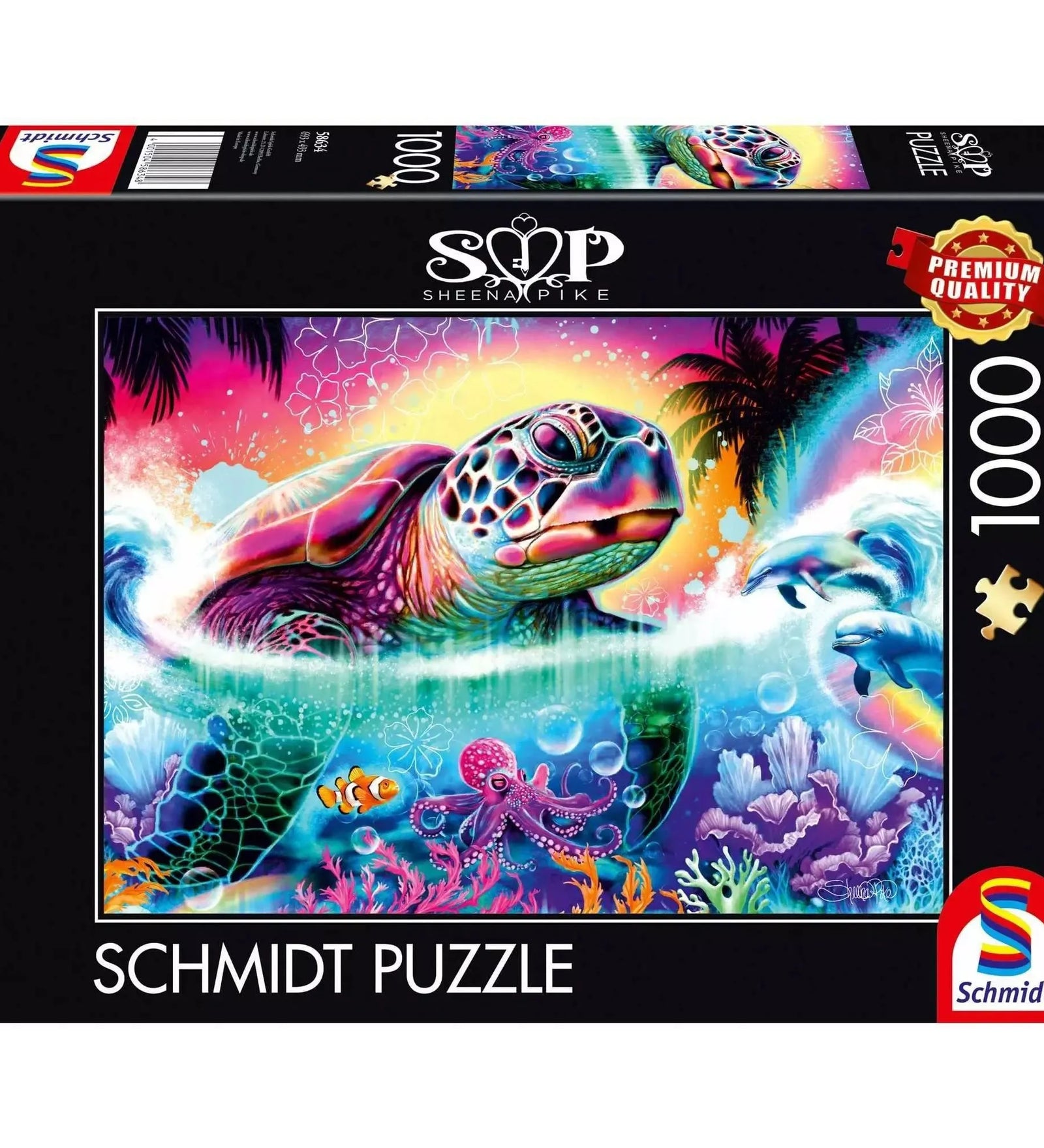 Schmidt Puzzle 1000 darabos Neon teknős kirakó dobozképe, színes tengeri jelenettel, teknőssel, delfinekkel és korallokkal.