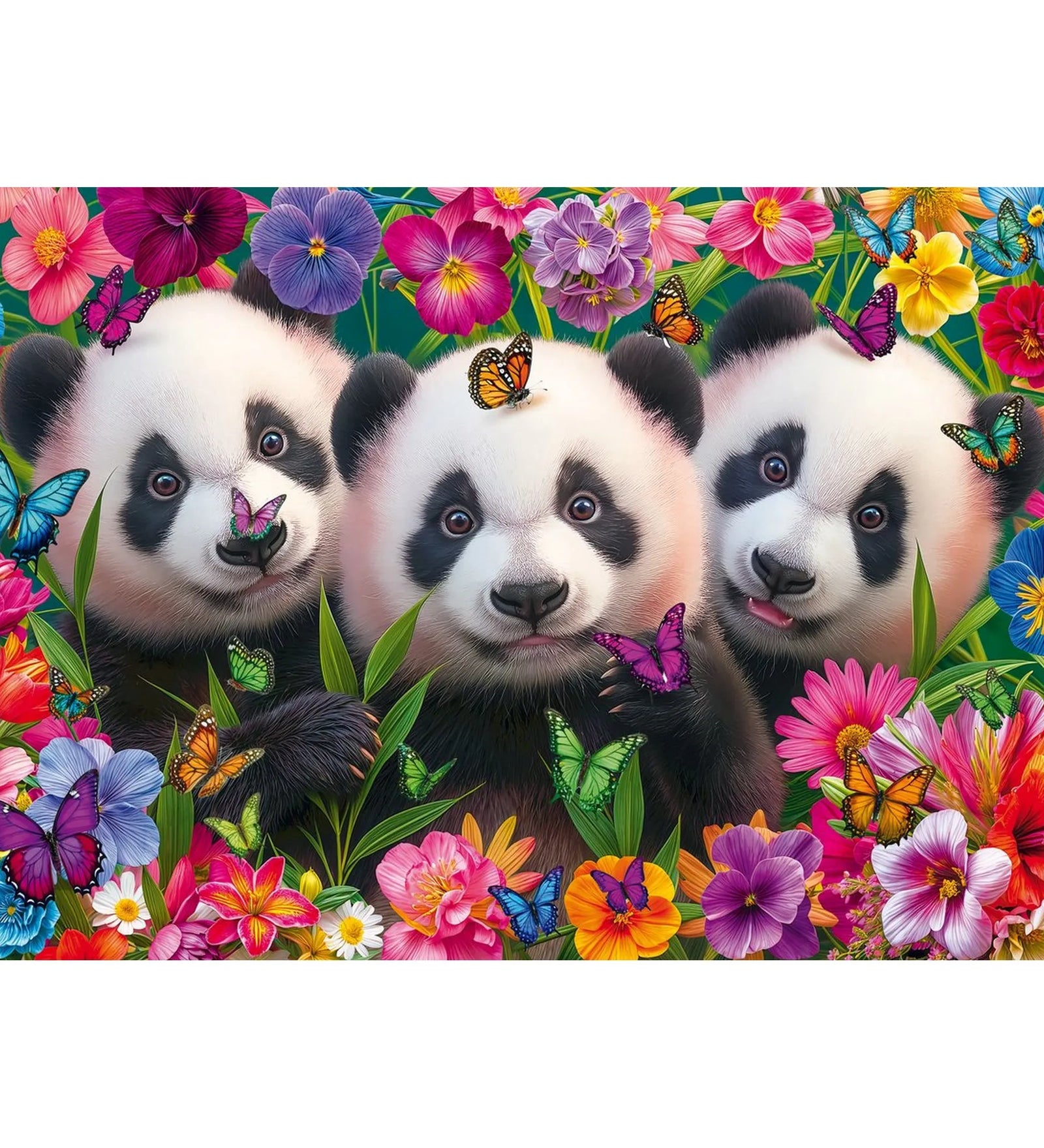 Schmidt Puzzle Panda Flowers 200 db-os kirakó kirakott képe, három aranyos pandabocs élénk virágok és pillangók között.