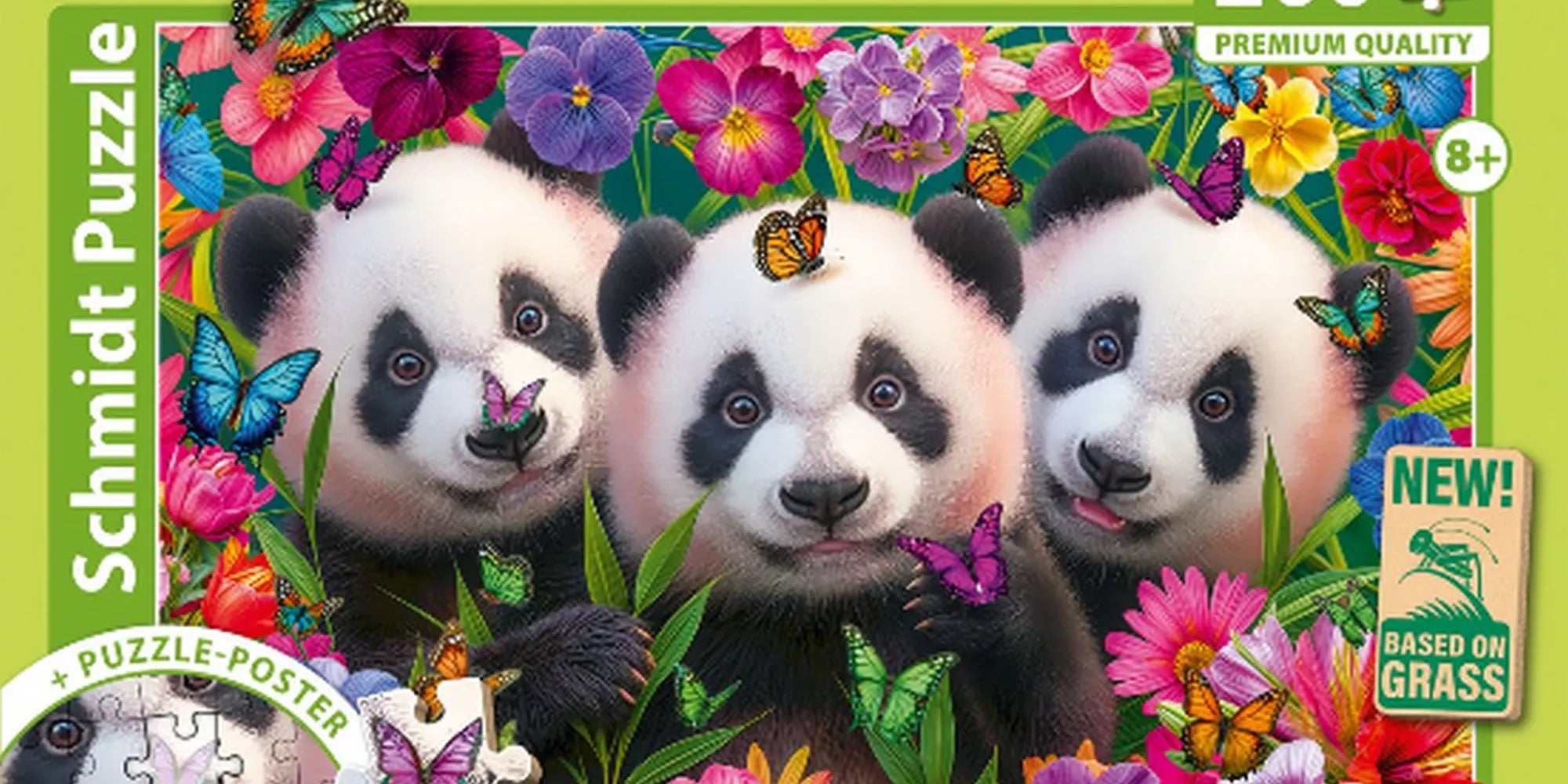 Schmidt Puzzle Panda trio 200 db-os kirakó dobozképe, három pandabocs virágok és színes pillangók között, 8+ jelöléssel.