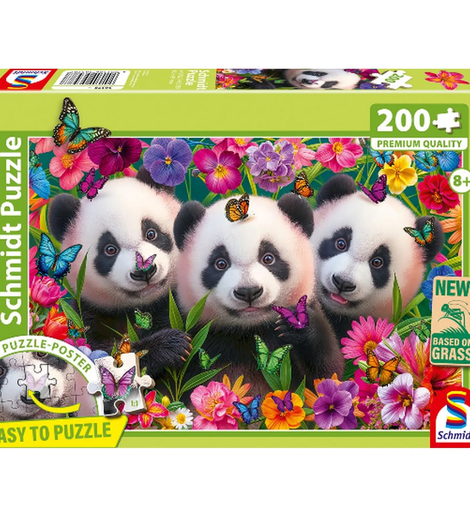 Schmidt Puzzle Panda trio 200 db-os kirakó dobozképe, három pandabocs virágok és színes pillangók között, 8+ jelöléssel.