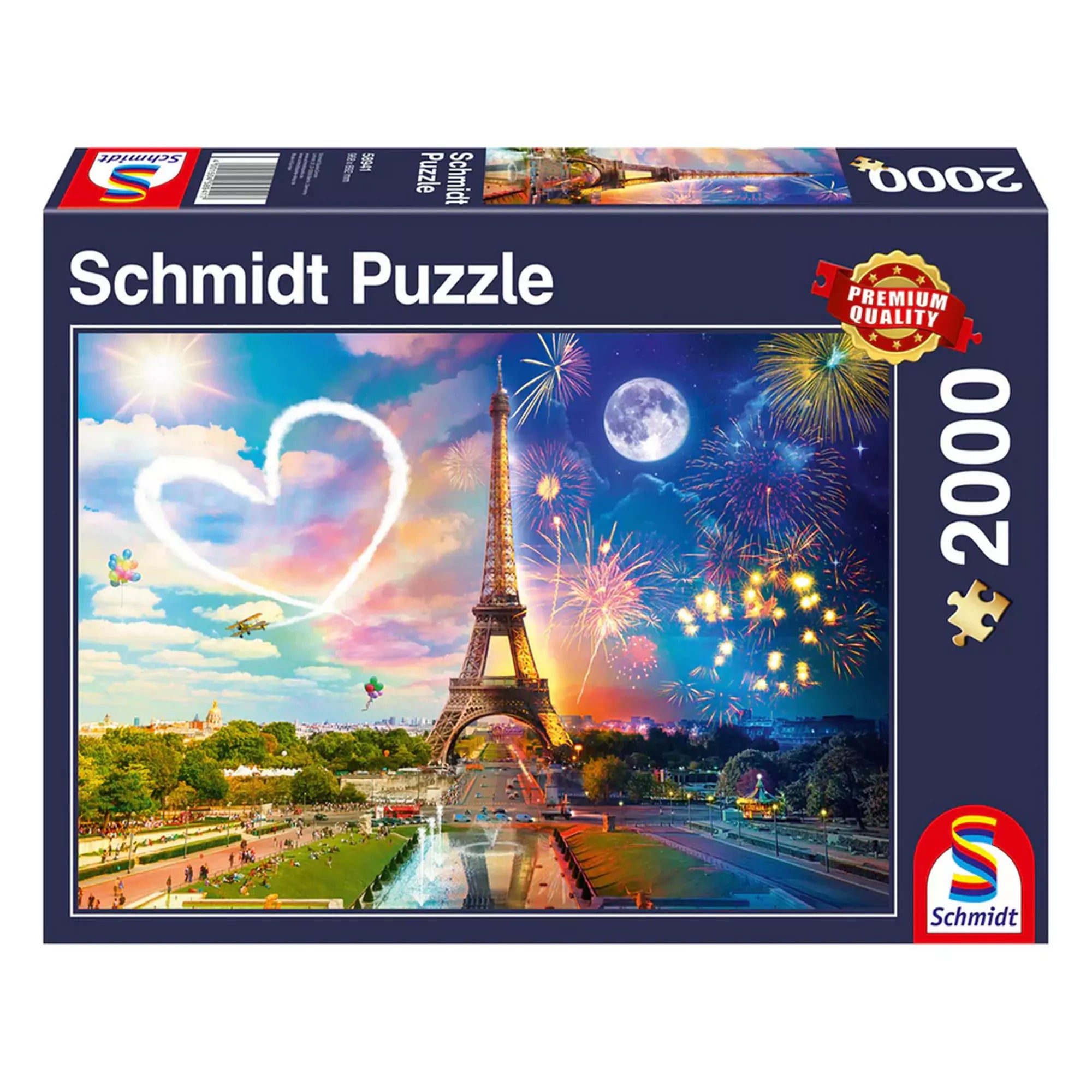  Puzzle Schmidt Paris Day and Night – 2000 darabos prémium minőségű kirakó doboza, amely a párizsi Eiffel-tornyot ábrázolja nappali és éjszakai fényekben, tűzijátékkal és szív alakú felhővel az égen.