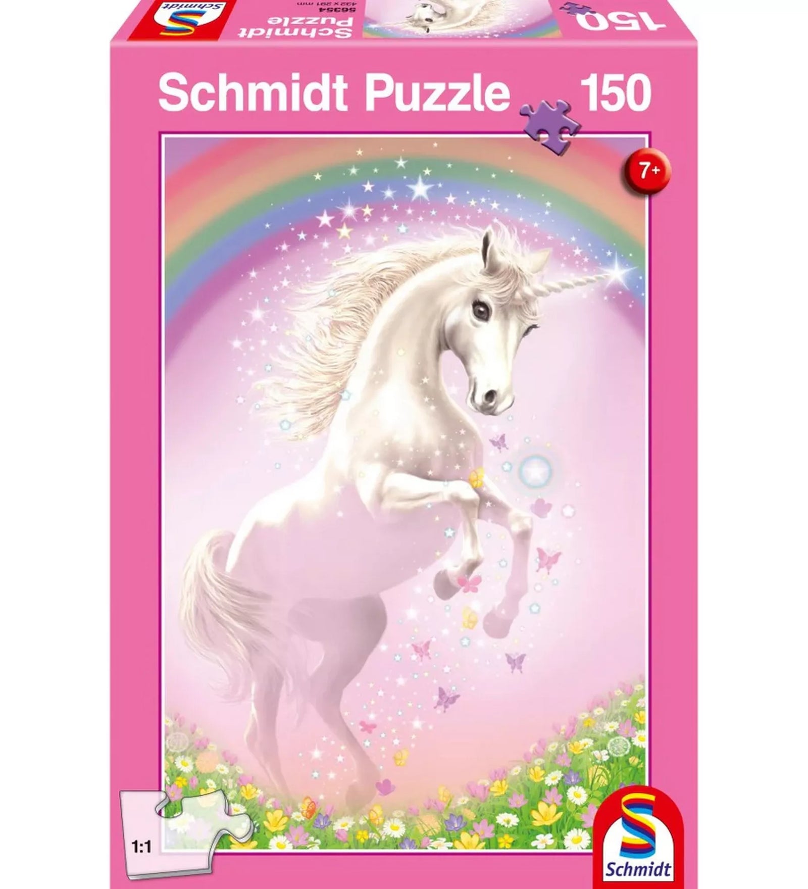 Schmidt Puzzle Unicorn rózsaszín dobozkép, 150 darabos gyermek puzzle, fehér unikornissal, szivárvánnyal és csillogó mágikus elemekkel, prémium Schmidt minőség.