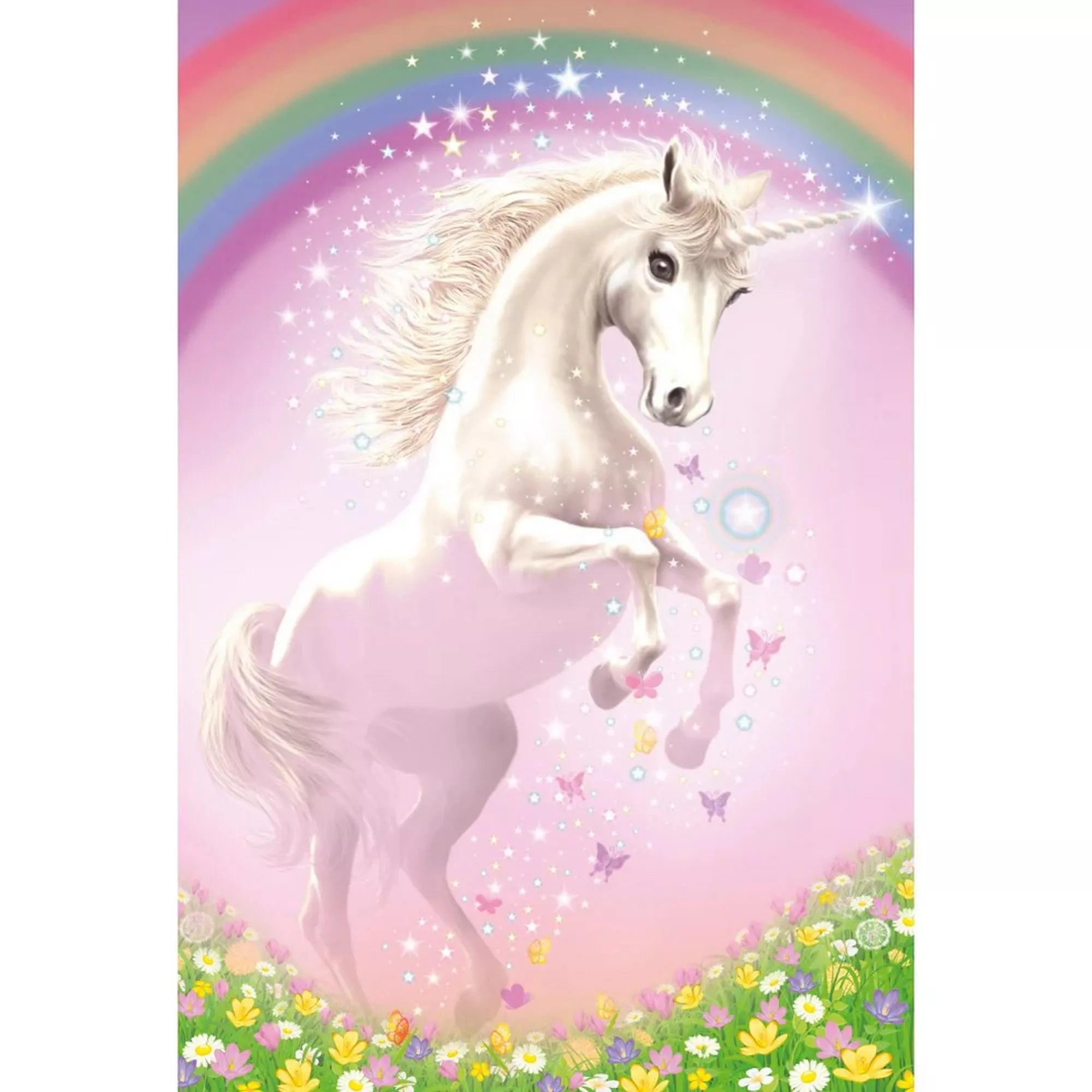 Unicorn rózsaszín 150 darabos Schmidt puzzle illusztráció, fehér unikornis szivárvány előtt, virágos réten, csillagokkal és pillangókkal, mesés és varázslatos stílusban.