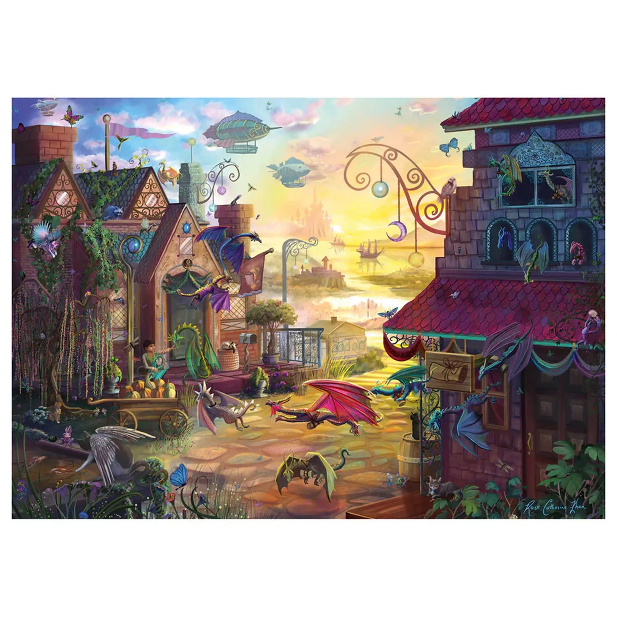 Schmidt Puzzle Rose Cat Khan Sárkányposta 1000 db – részletgazdag kirakó teljes képe, varázslatos táj sárkányokkal, épületekkel és fantasy hangulattal.