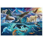 Puzzle Schmidt Sarkvidéki állatok kirakó teljes képe, változatos sarkvidéki állatokkal víz felett és alatt, sarki fényes háttérrel.