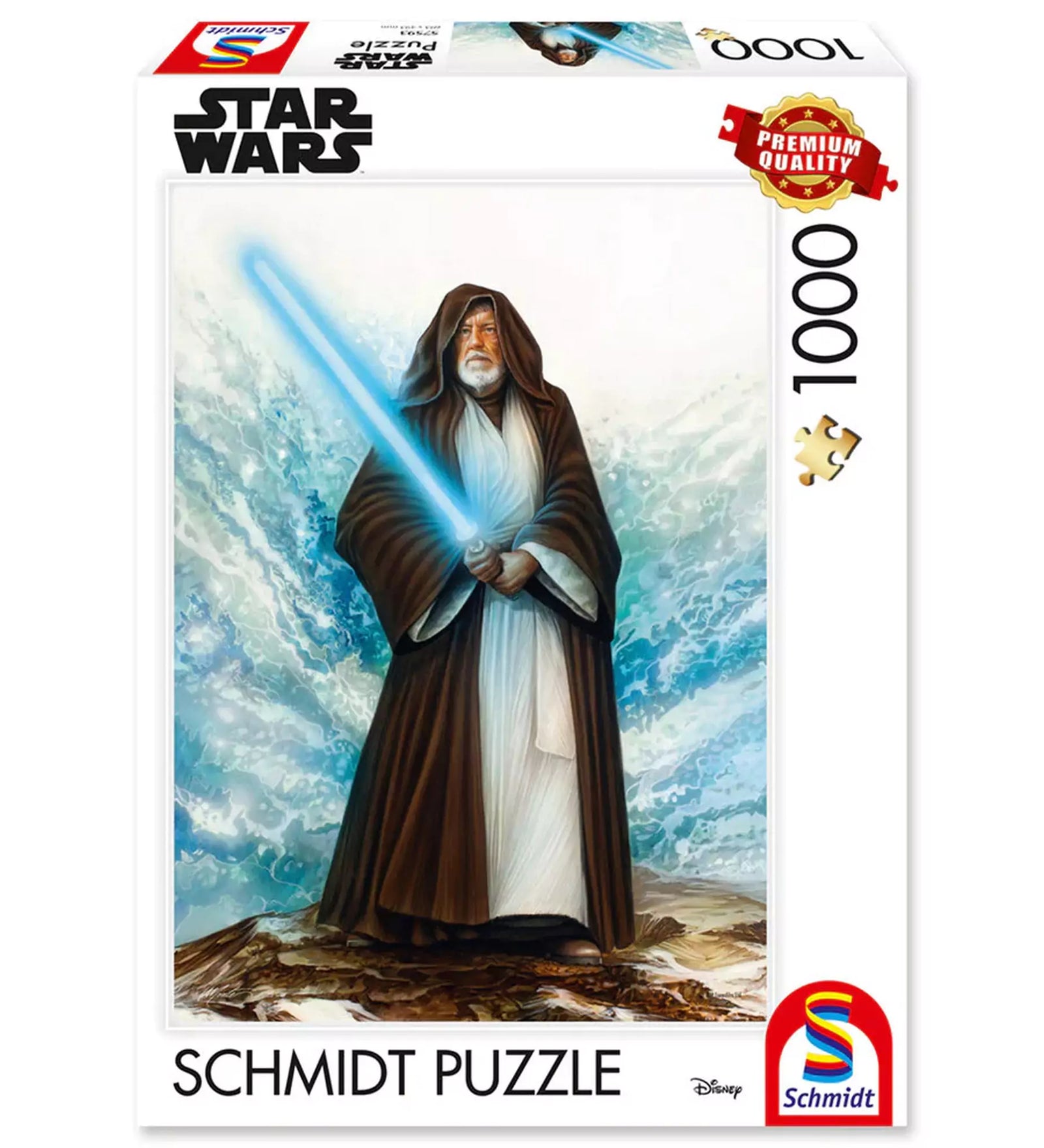 A Schmidt Puzzle Star Wars: Jedi Mester 1000 darabos doboza, Obi-Wan Kenobi alakjával fénykarddal a kezében, prémium minőségű kiadásban.