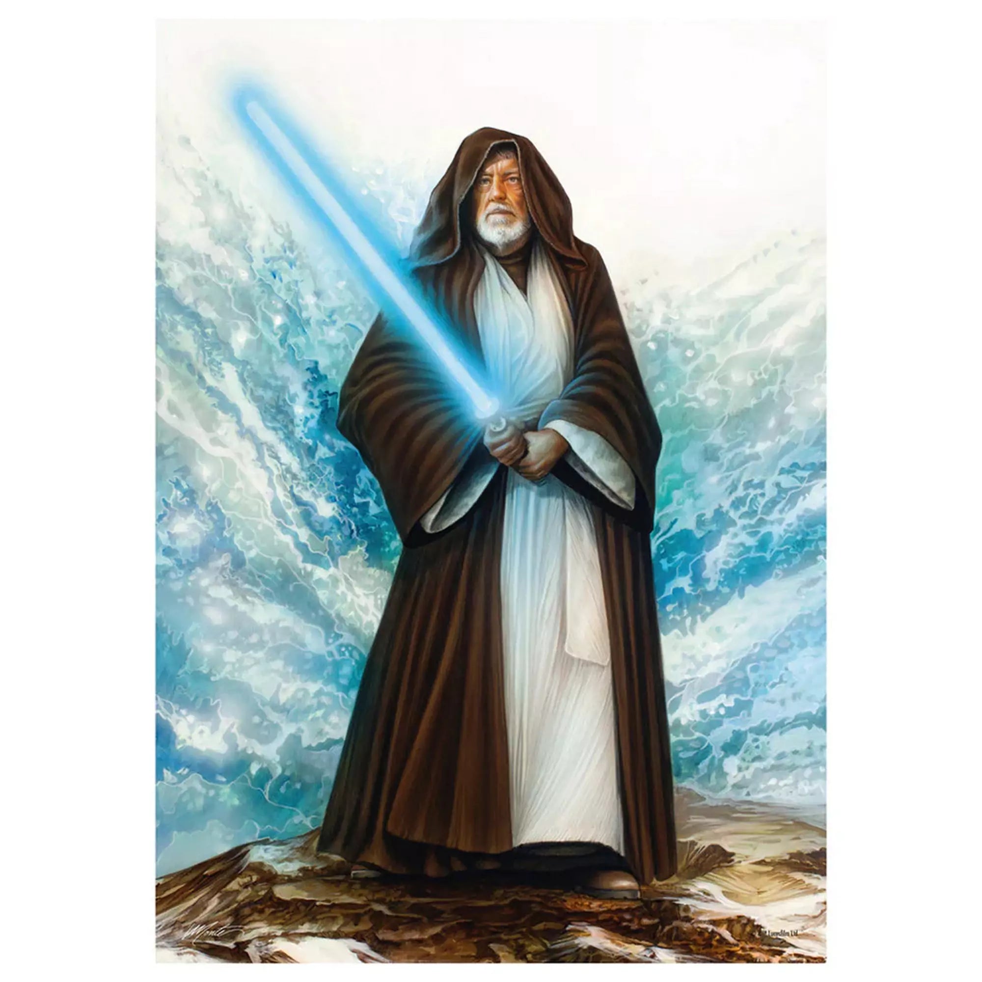 A Schmidt Puzzle Star Wars: Jedi Mester 1000 darabos kirakó teljes képe, amelyen Obi-Wan Kenobi áll fénykardjával, háttérben viharos égbolttal és hullámokkal.