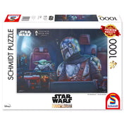 Schmidt Puzzle Star Wars: Mandalóri – Ketten az úton, 1000 darabos doboz, Din Djarin és Baby Yoda űrhajóban ábrázolt jelenetével, prémium minőségű kiadás.
