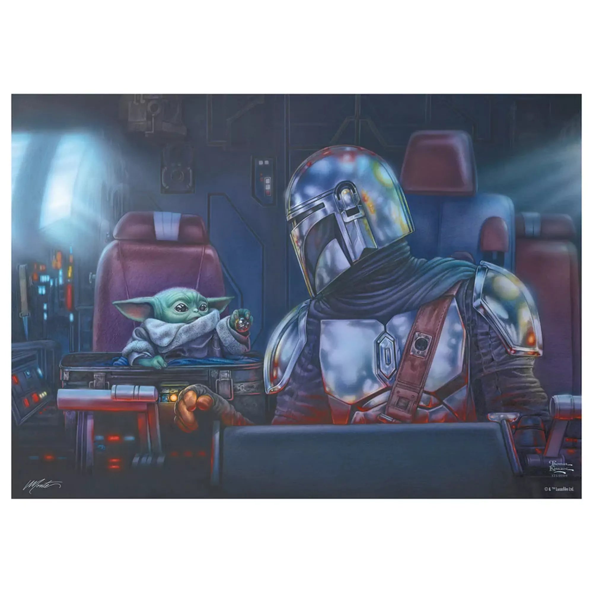 Thomas Kinkade művészi illusztrációja a Mandalóri és Baby Yoda jelenetével az űrhajó pilótafülkéjében, a Schmidt 1000 darabos Star Wars puzzle teljes képe.