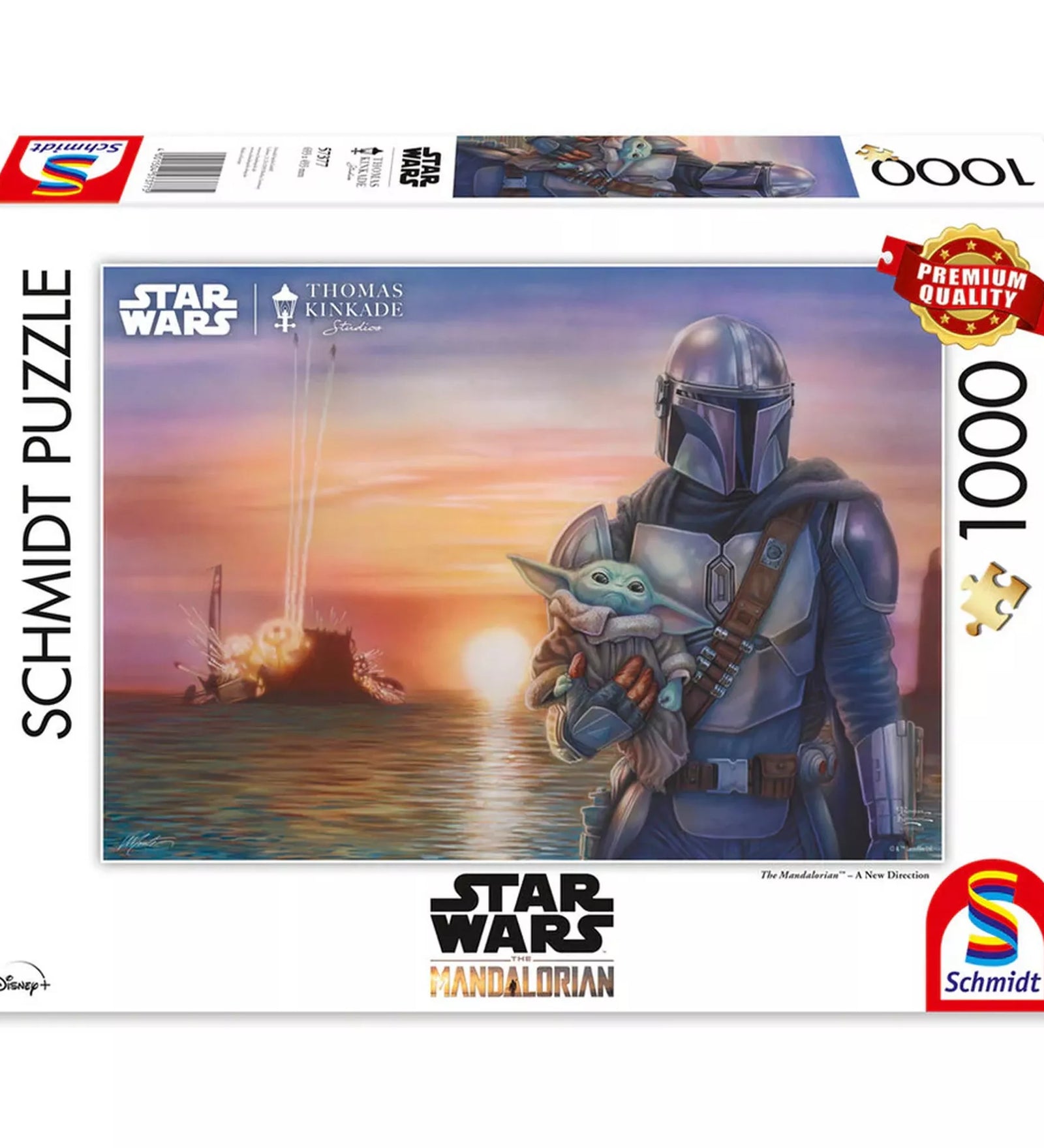 Schmidt Puzzle Thomas Kinkade Star Wars The Mandalorian dobozkép, 1000 darabos kirakó prémium minőségben, Din Djarin és Grogu (Baby Yoda) naplementében, Star Wars logóval.