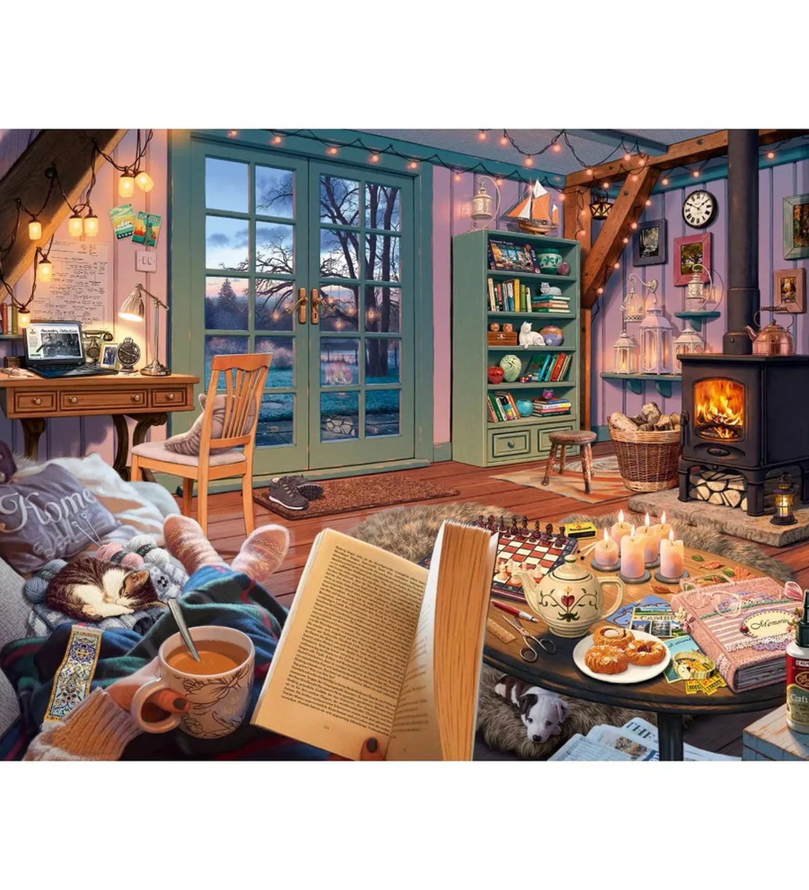 Schmidt Secret Puzzles In casa de vacanță puzzle illusztráció, kandallós nappali, könyvolvasás, tea, gyertyák és meghitt téli hangulat, 15 hiányzó tárgy kihívással